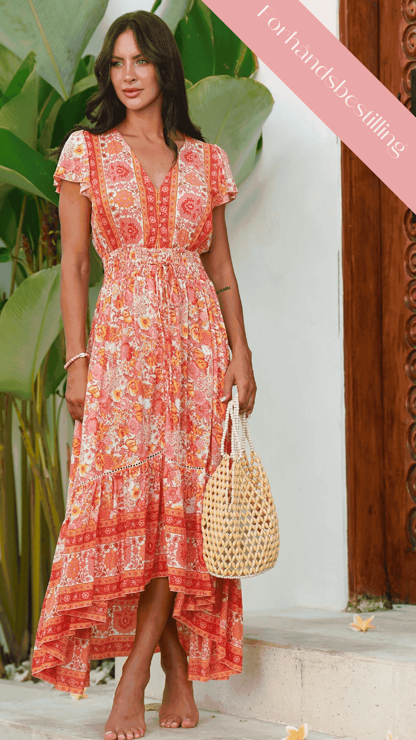 Orange sommerkjole med knapper og korte ermer - Begonia kjole