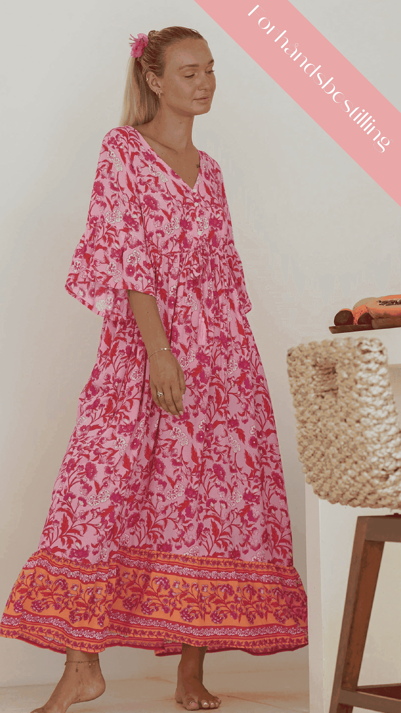 Rosa og orange luftig sommerkjole med lommer - Georgine maxikjole