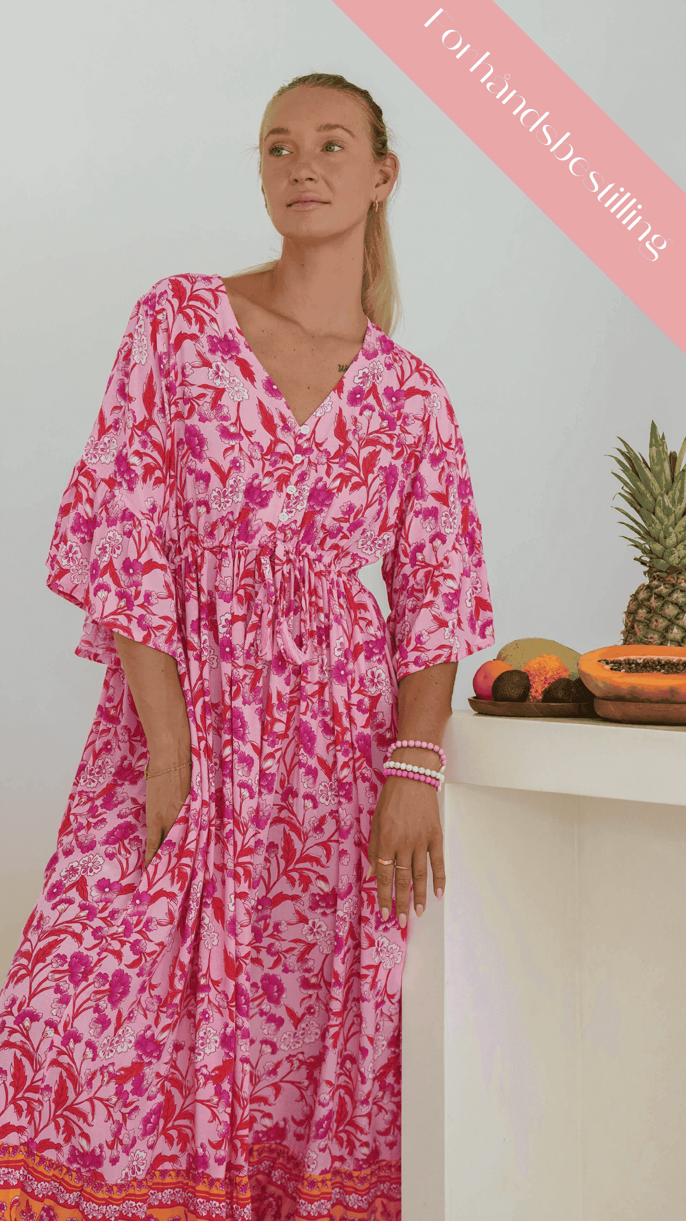 Rosa og orange luftig sommerkjole med lommer - Georgine maxikjole