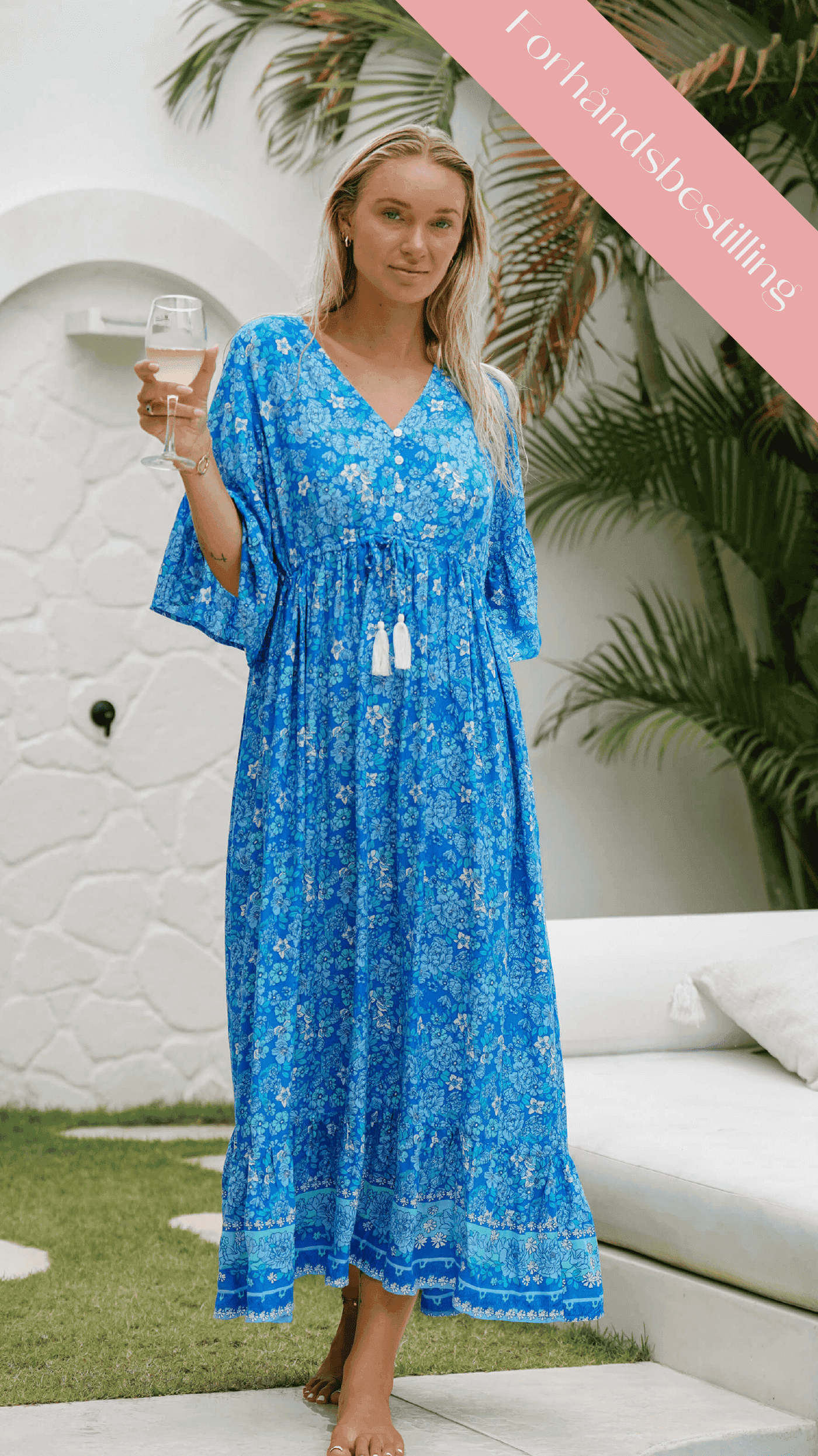 Bohemsk blå sommerkjole med korte ermer - Georgine maxikjole