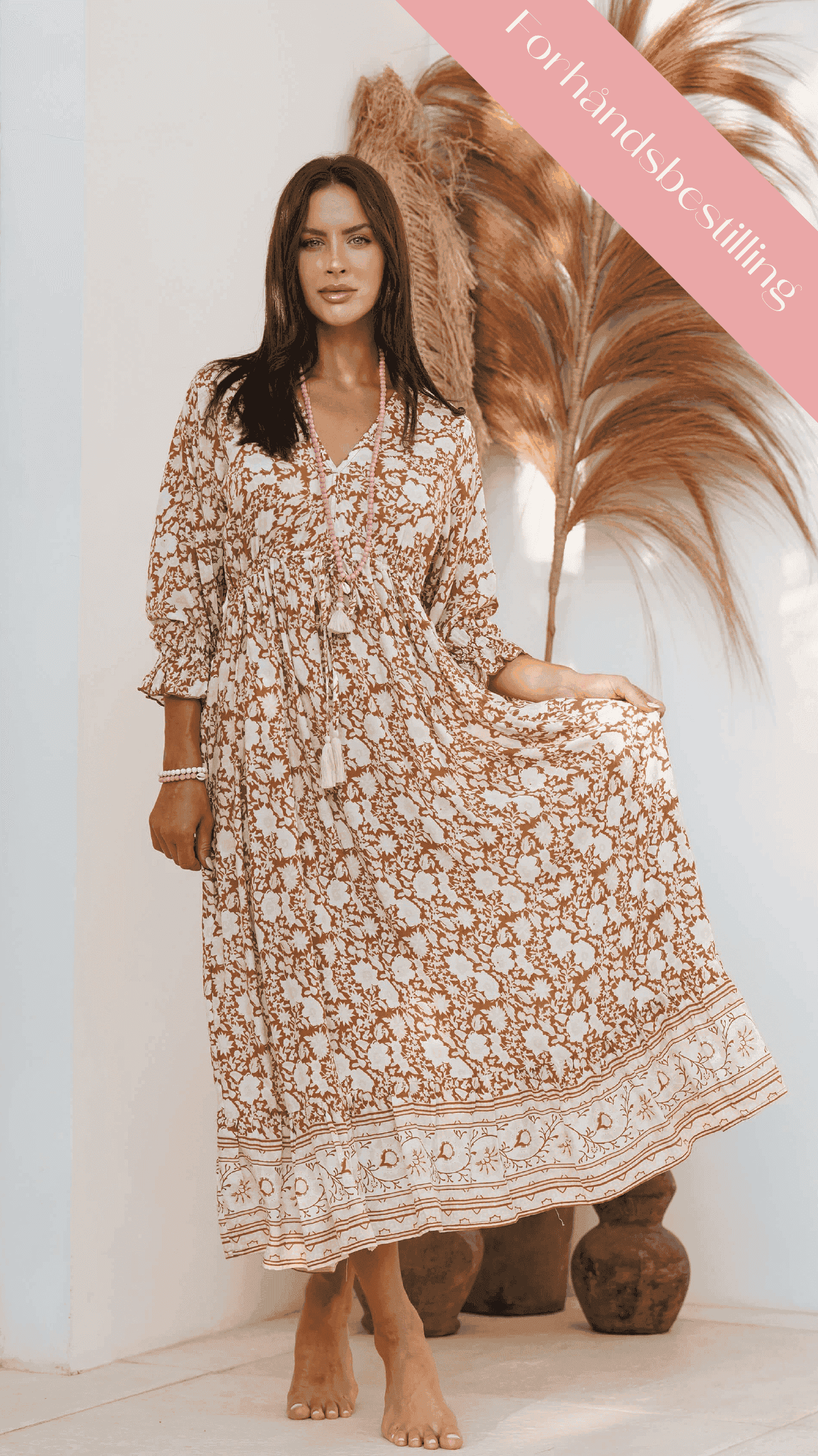 Brun bohemsk kjole med lange ermer - Georgine maxikjole