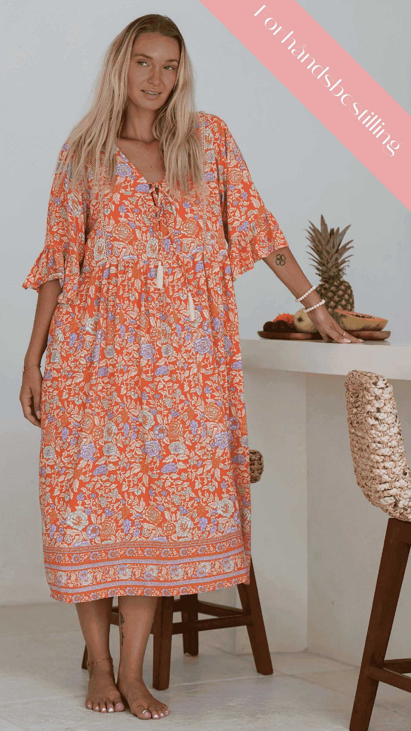 Rød orange bohemsk sommerkjole med lommer - Malva kjole