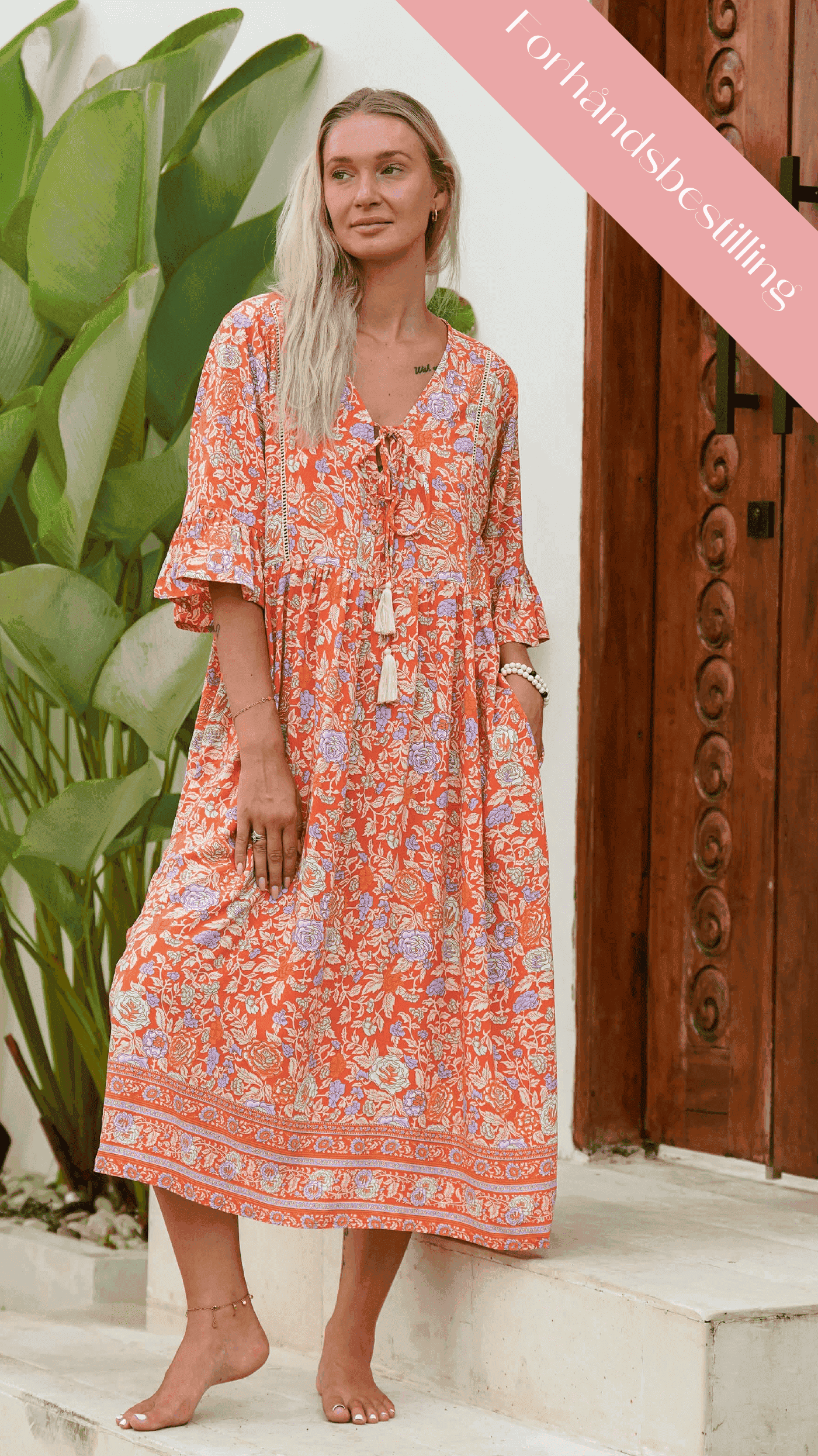Rød orange bohemsk sommerkjole med lommer - Malva kjole