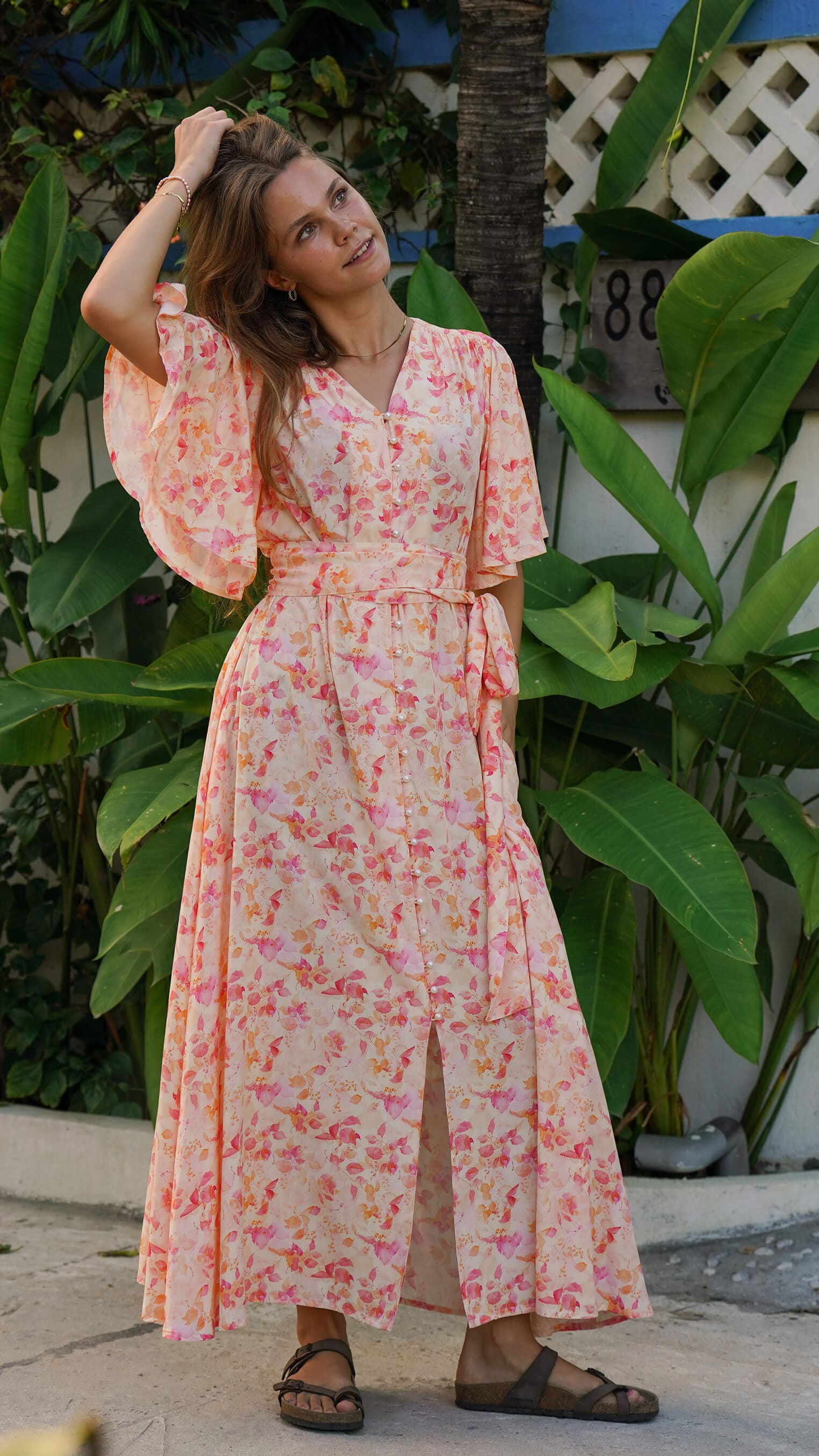 rosa og orange lang enkel kjole