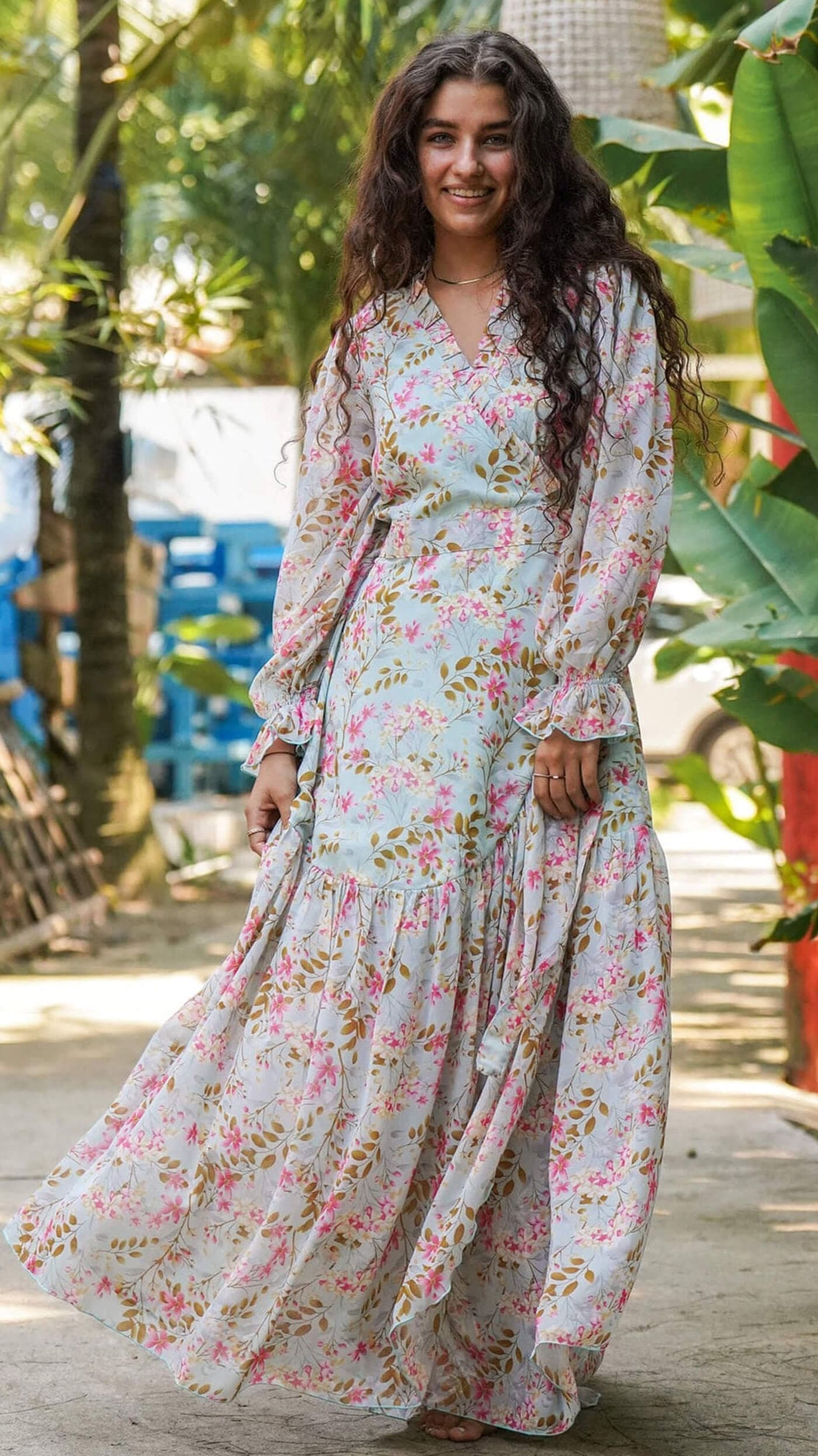 Sjøgrønn chiffon fotsid omslagskjole - Tulipan festkjole