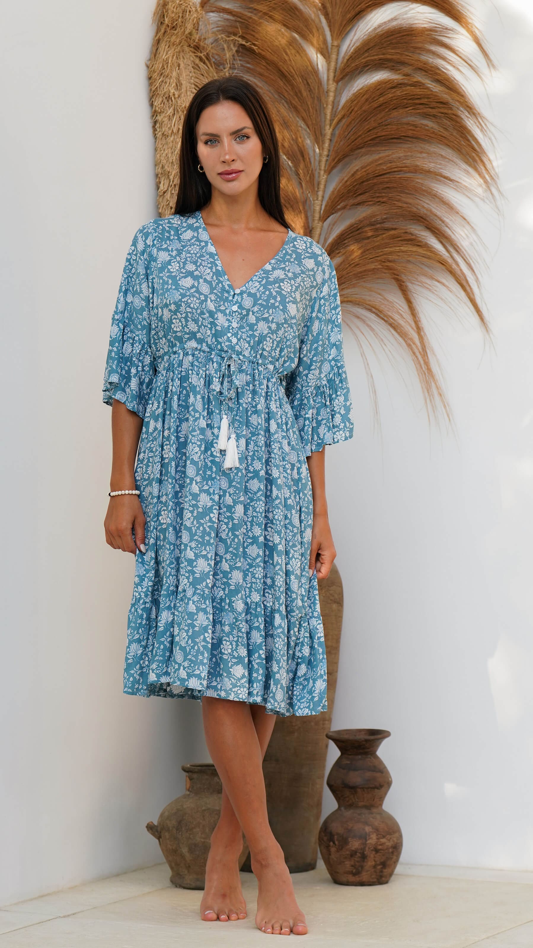 Kort havblå bohemsk sommerkjole - Georgine kjole