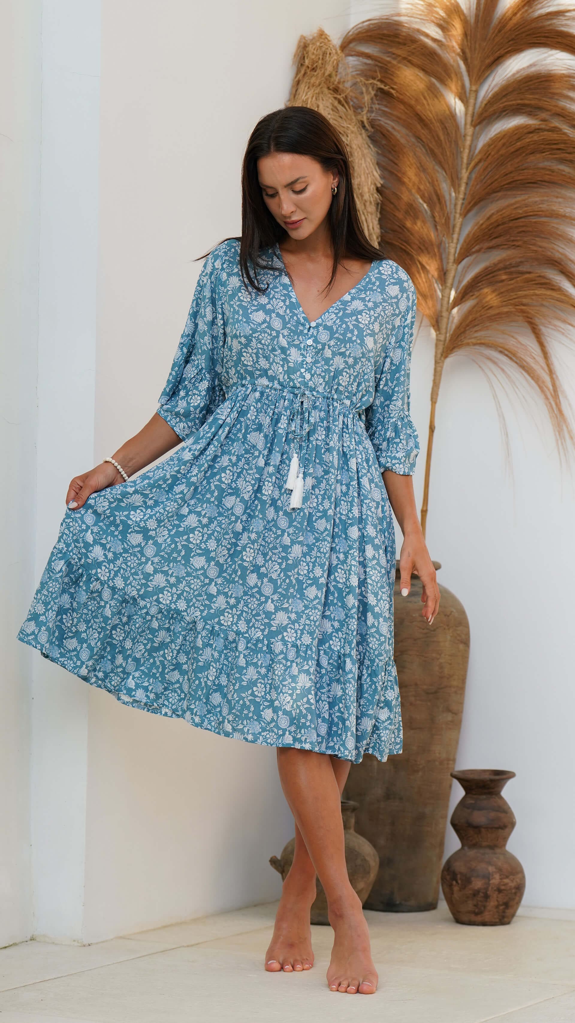 Kort havblå bohemsk sommerkjole - Georgine kjole