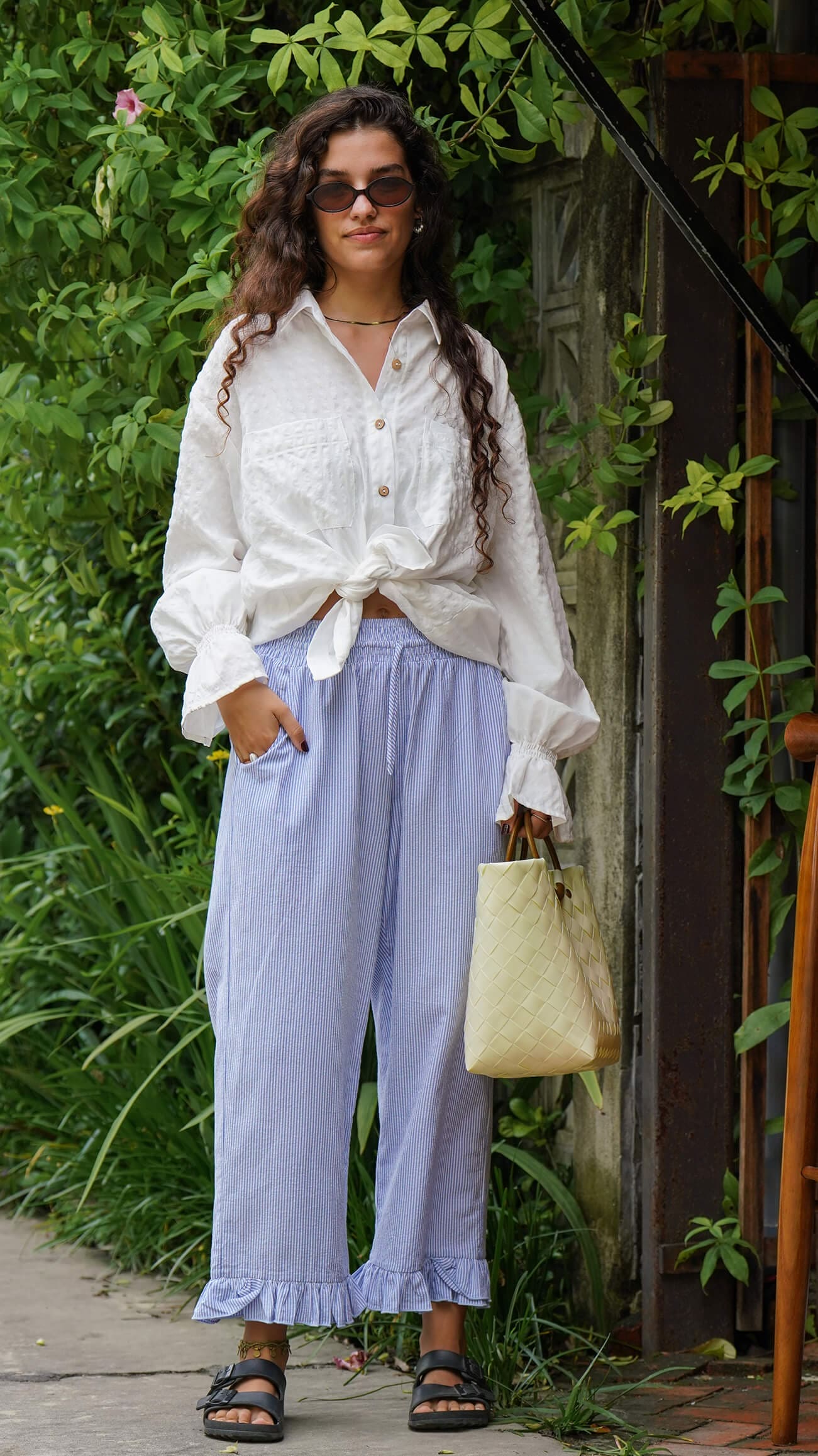 Blå hvit stripete behagelig linbukse