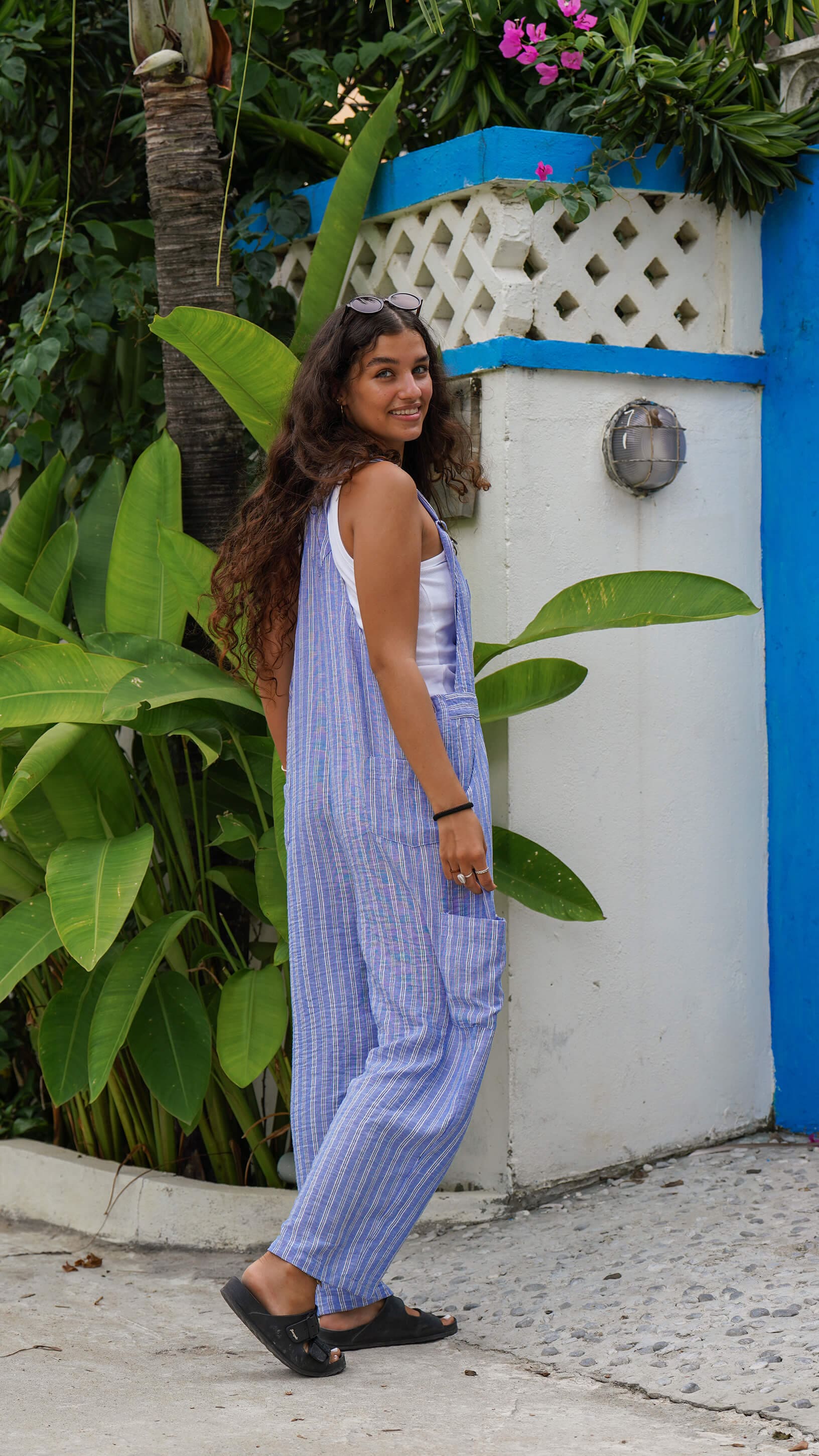 Blå lin selebukse med striper