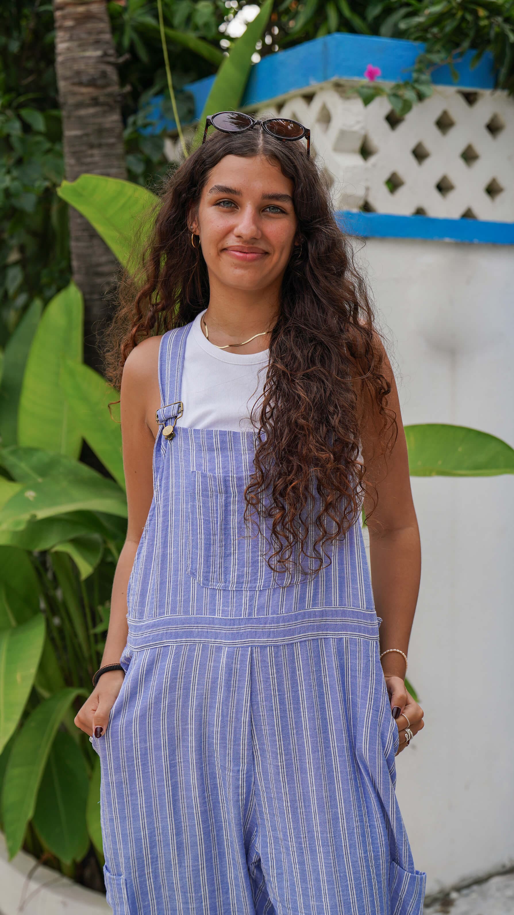 Blå lin selebukse med striper