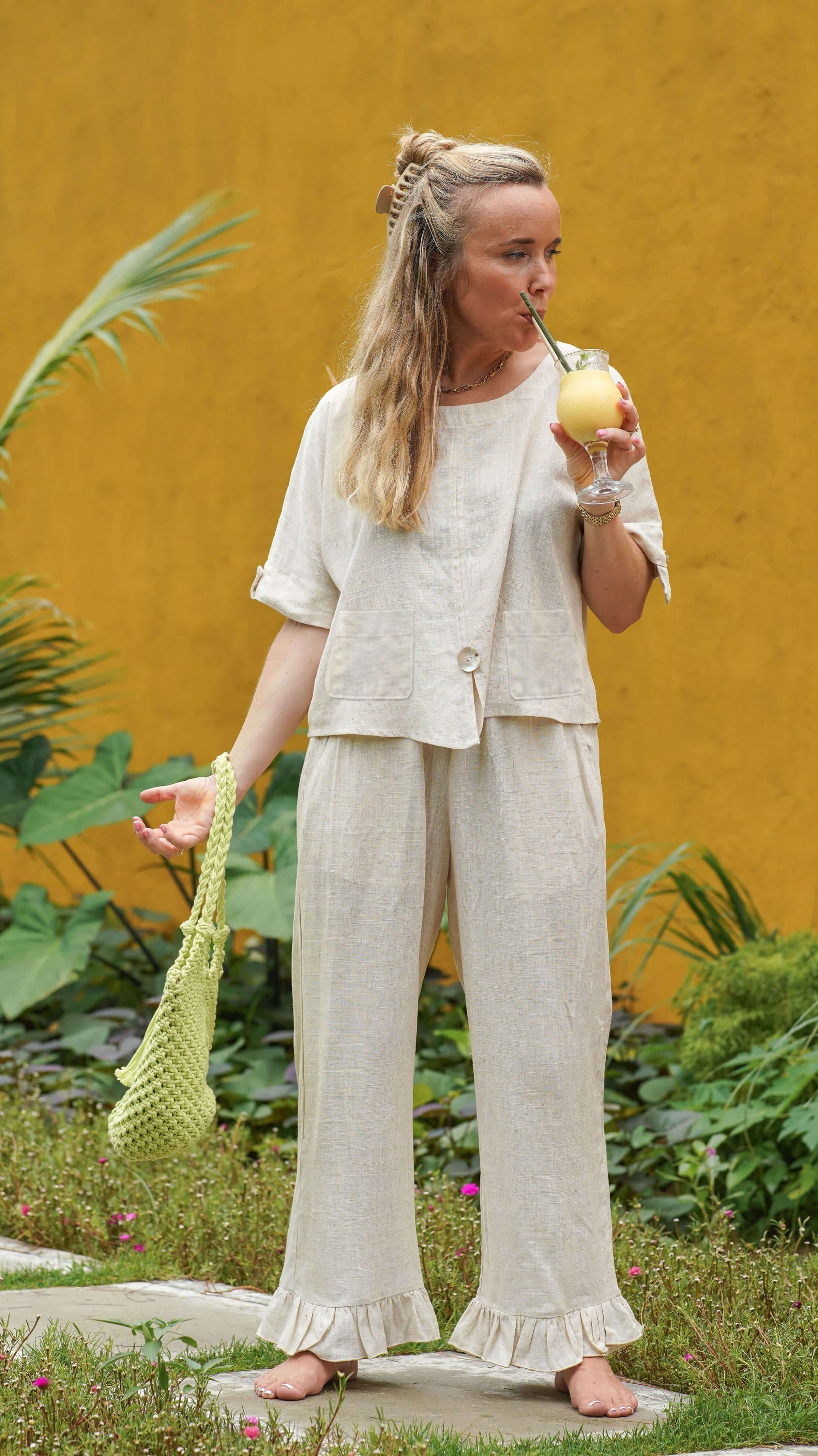 Avslappet linbukse kremfarget - Soleie cropped bukse