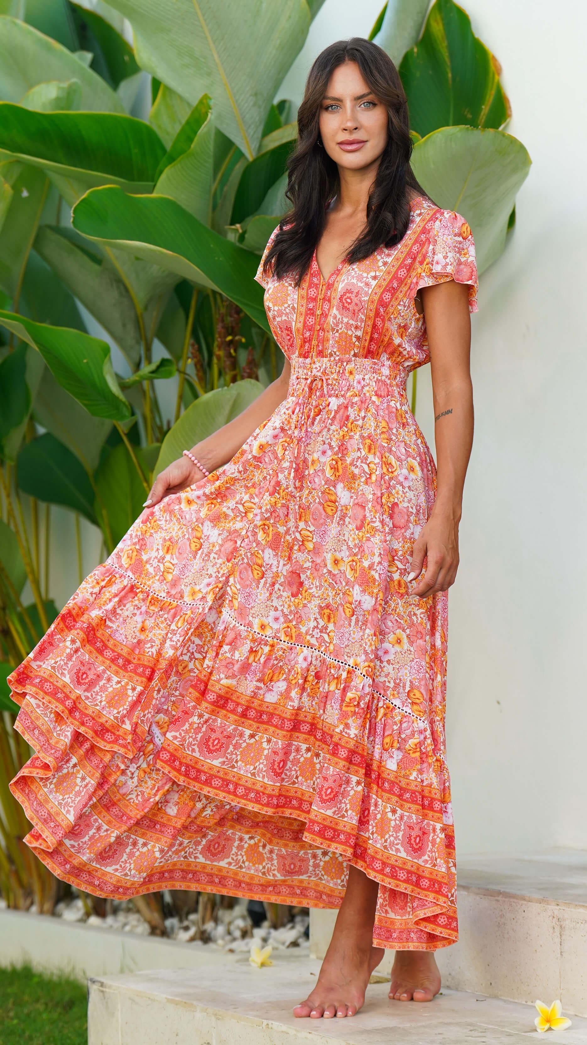 Orange sommerkjole med knapper og korte ermer - Begonia kjole