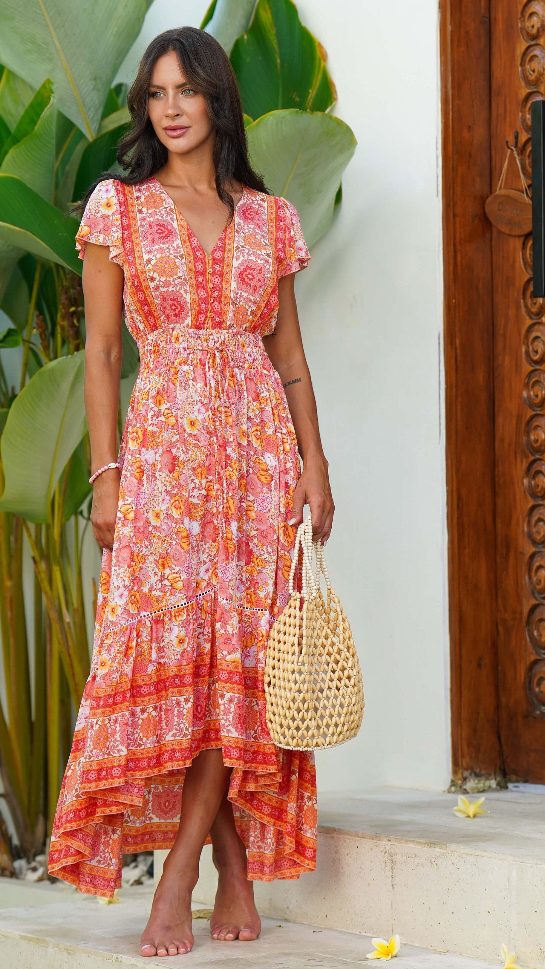 Orange sommerkjole med knapper og korte ermer - Begonia kjole