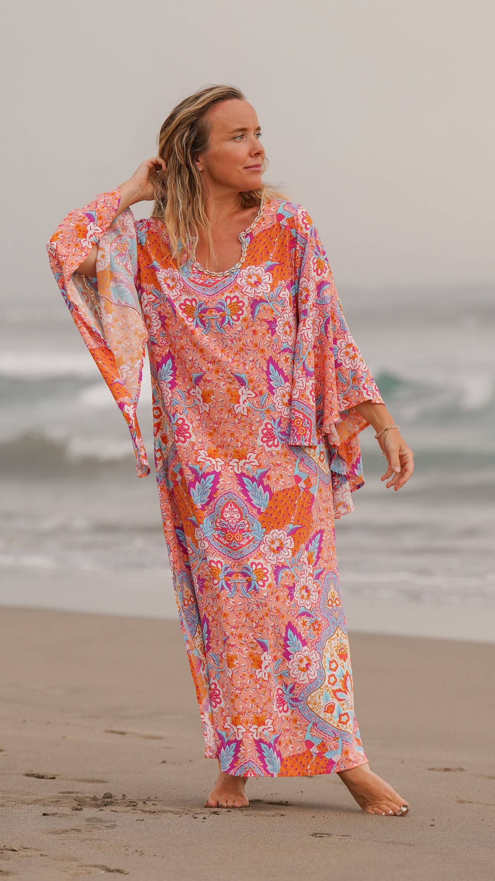 Fargeglad enkel sommerkjole med vide ermer - Fiol kjole