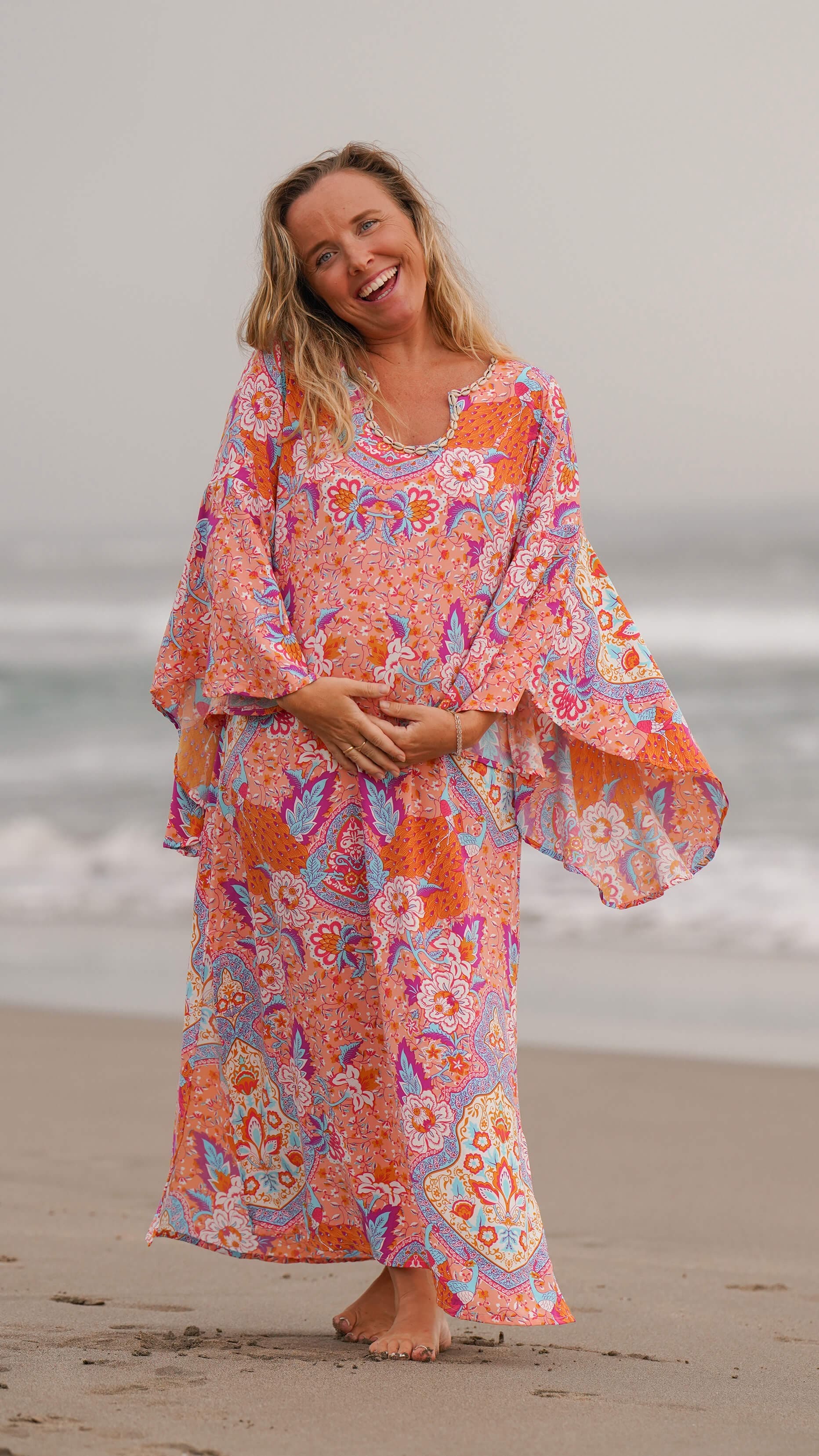 Fargeglad enkel sommerkjole med vide ermer - Fiol kjole