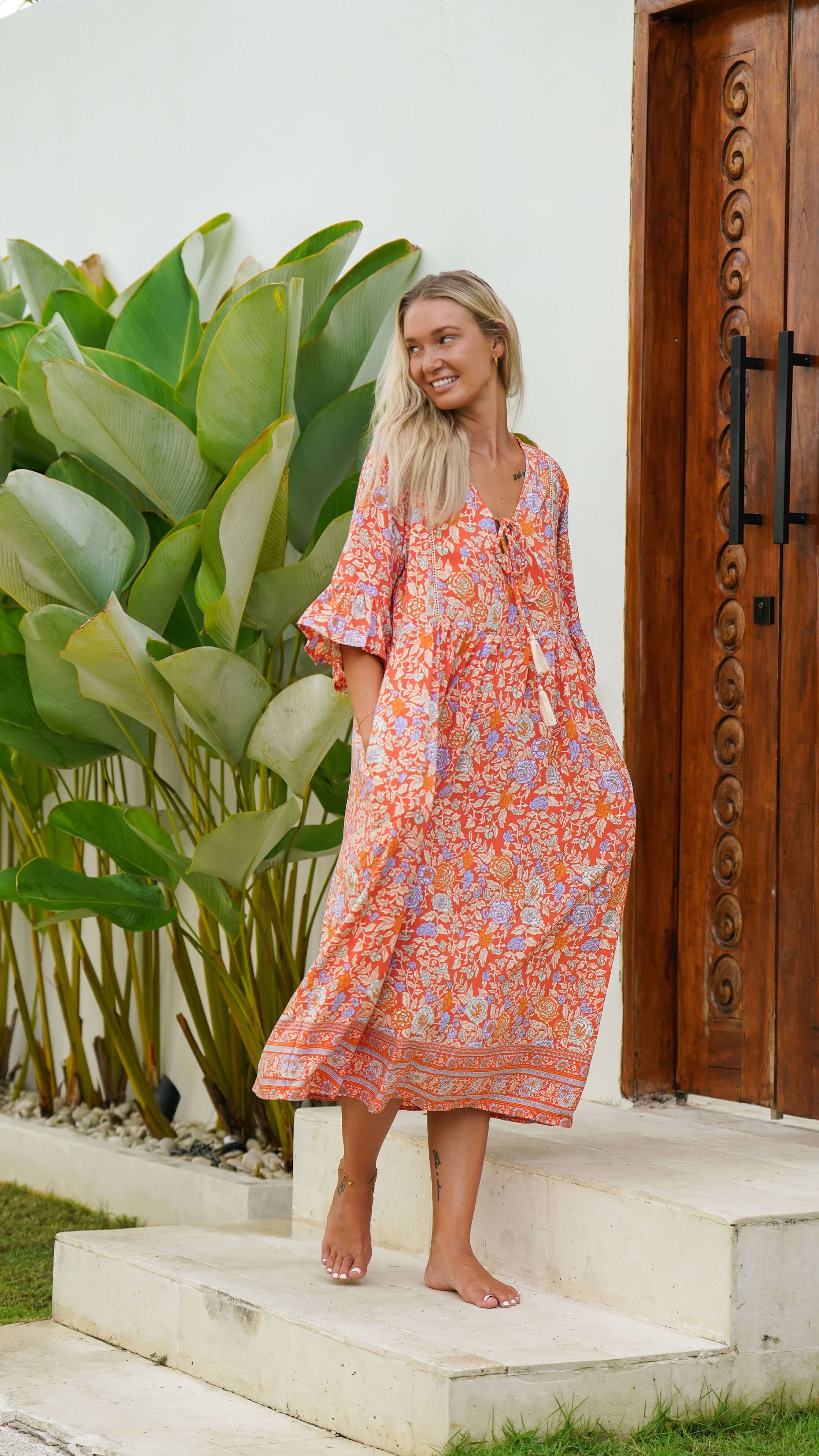 Rød orange bohemsk sommerkjole med lommer - Malva kjole