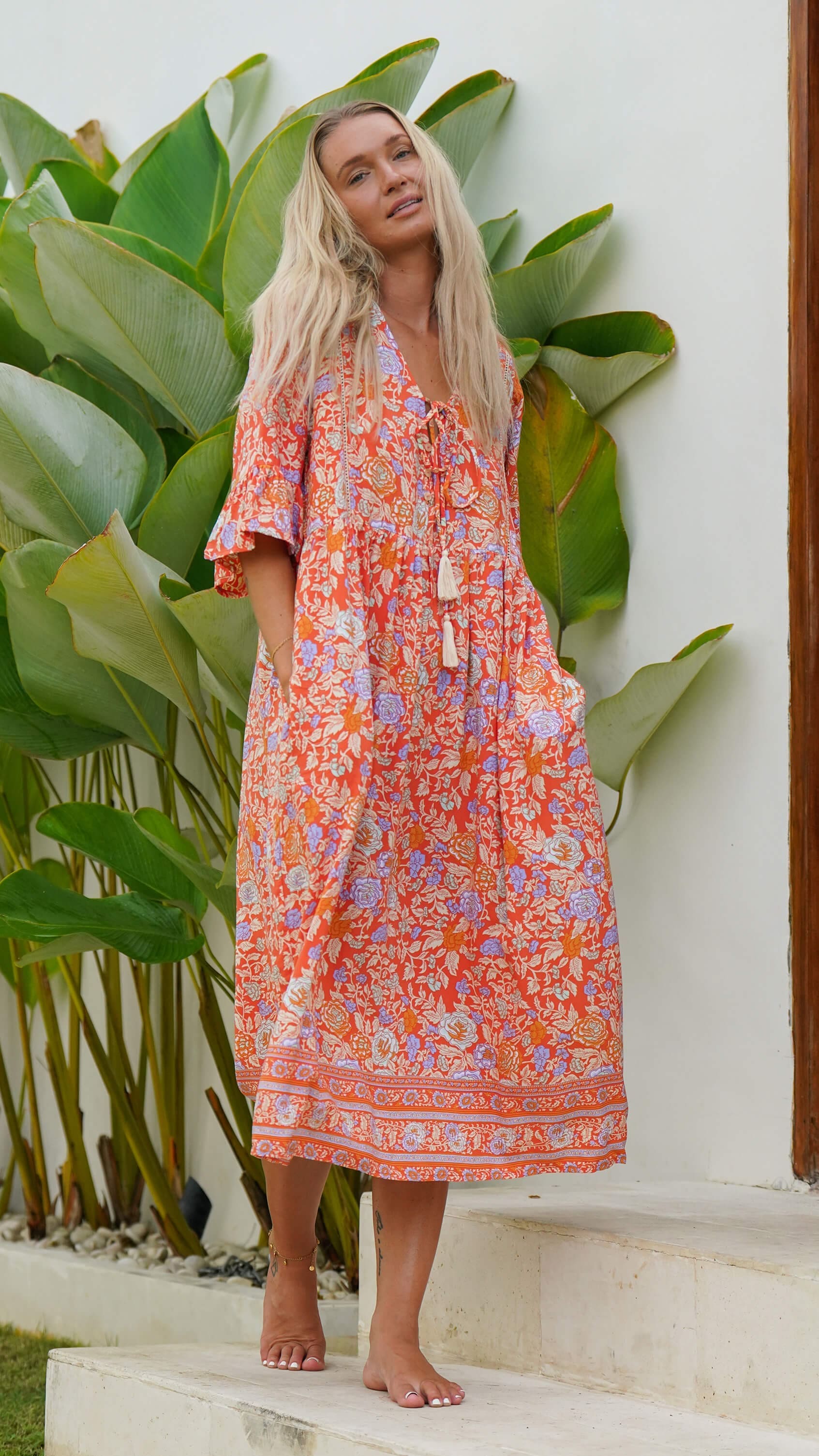 Rød orange bohemsk sommerkjole med lommer - Malva kjole