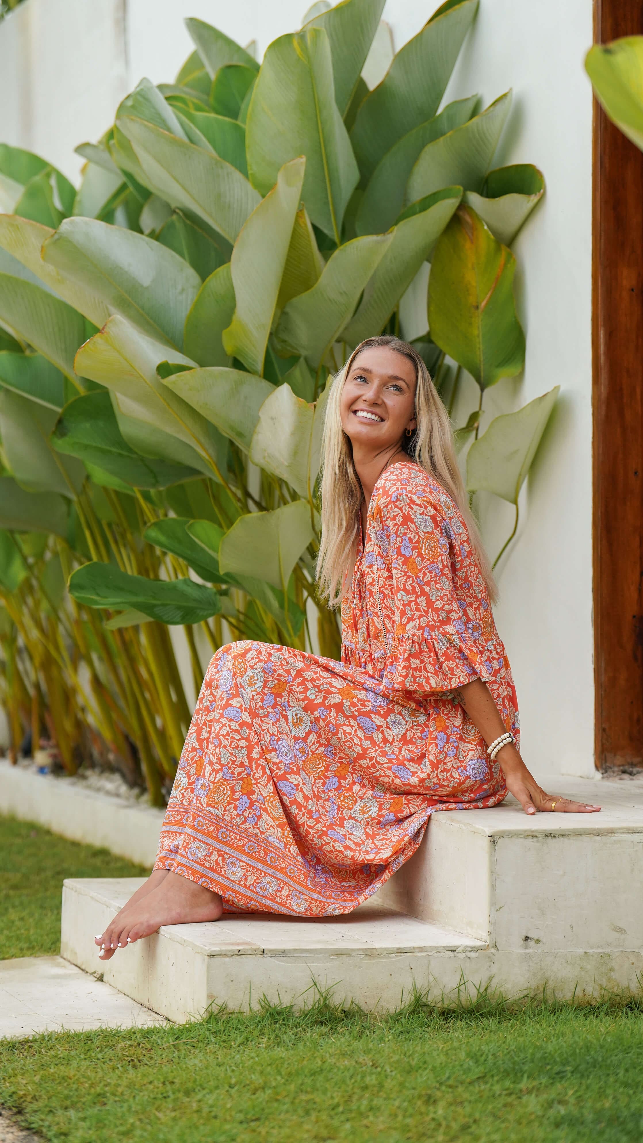 Rød orange bohemsk sommerkjole med lommer - Malva kjole