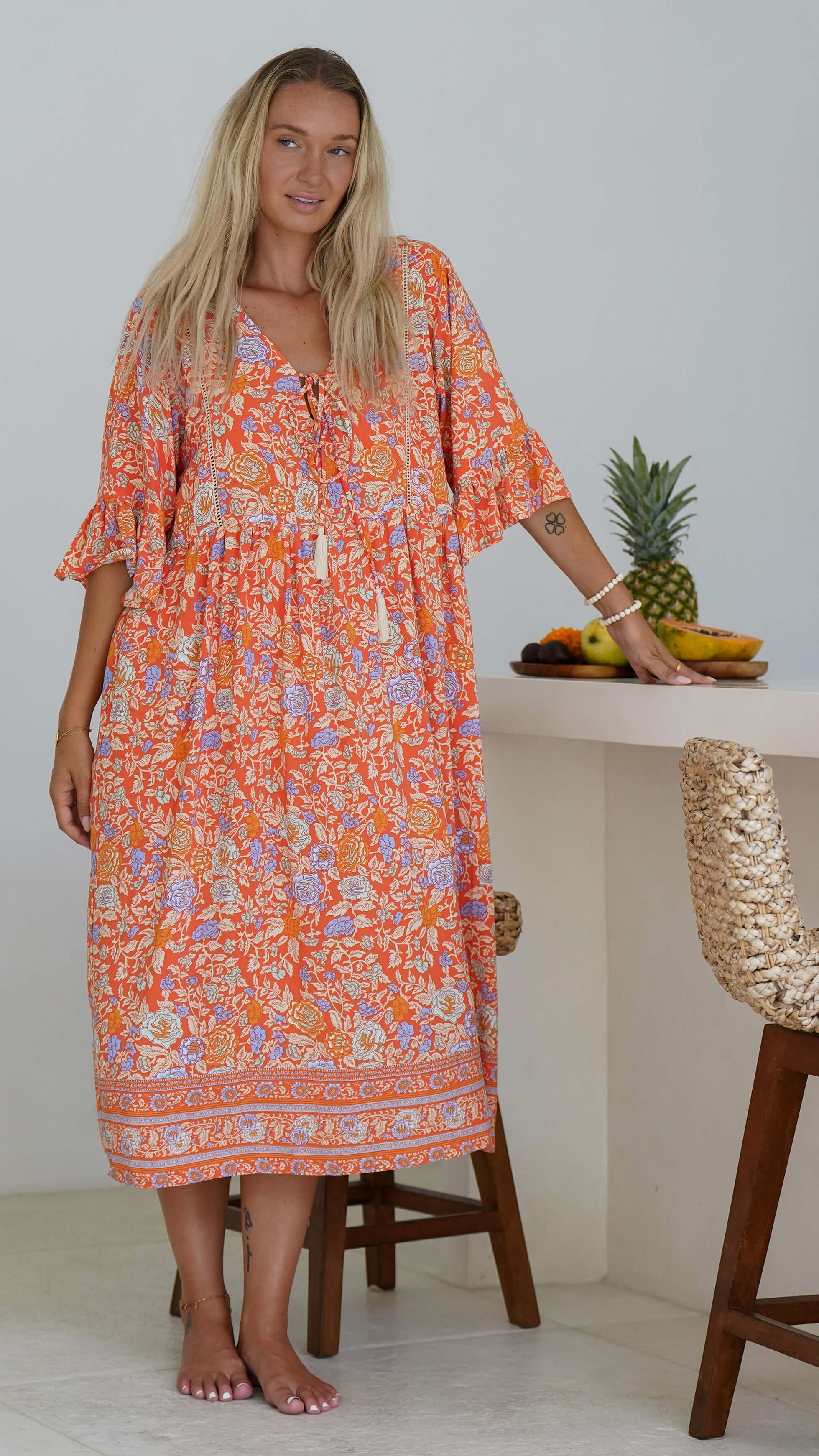 Rød orange bohemsk sommerkjole med lommer - Malva kjole