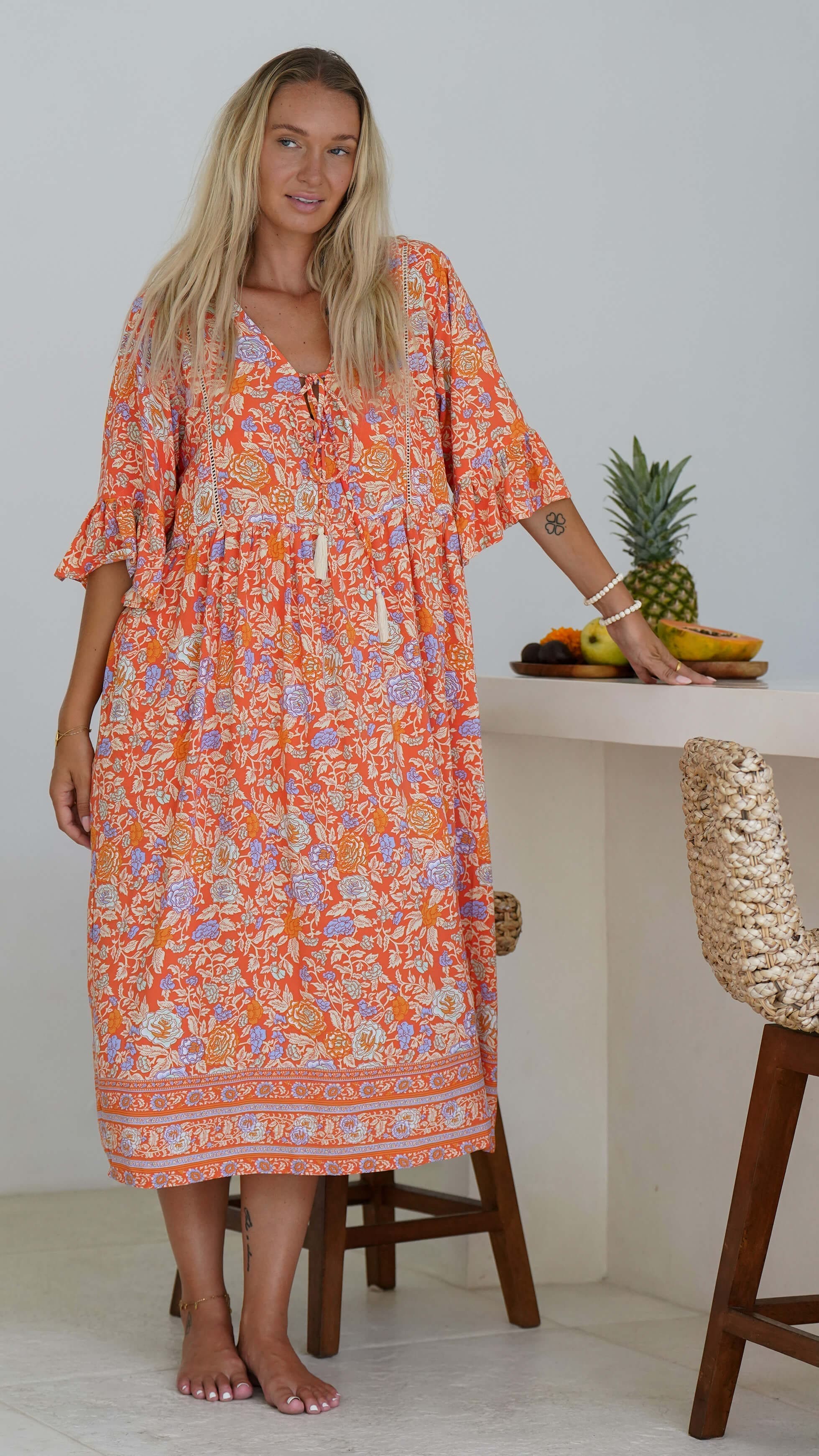 Rød orange bohemsk sommerkjole med lommer - Malva kjole
