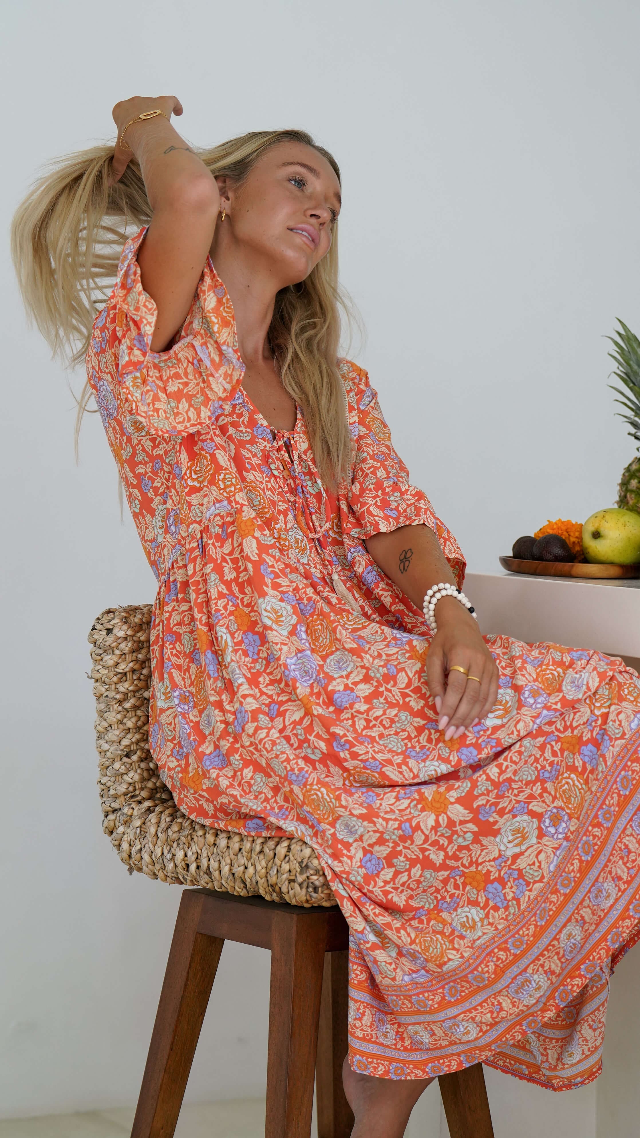 Rød orange bohemsk sommerkjole med lommer - Malva kjole