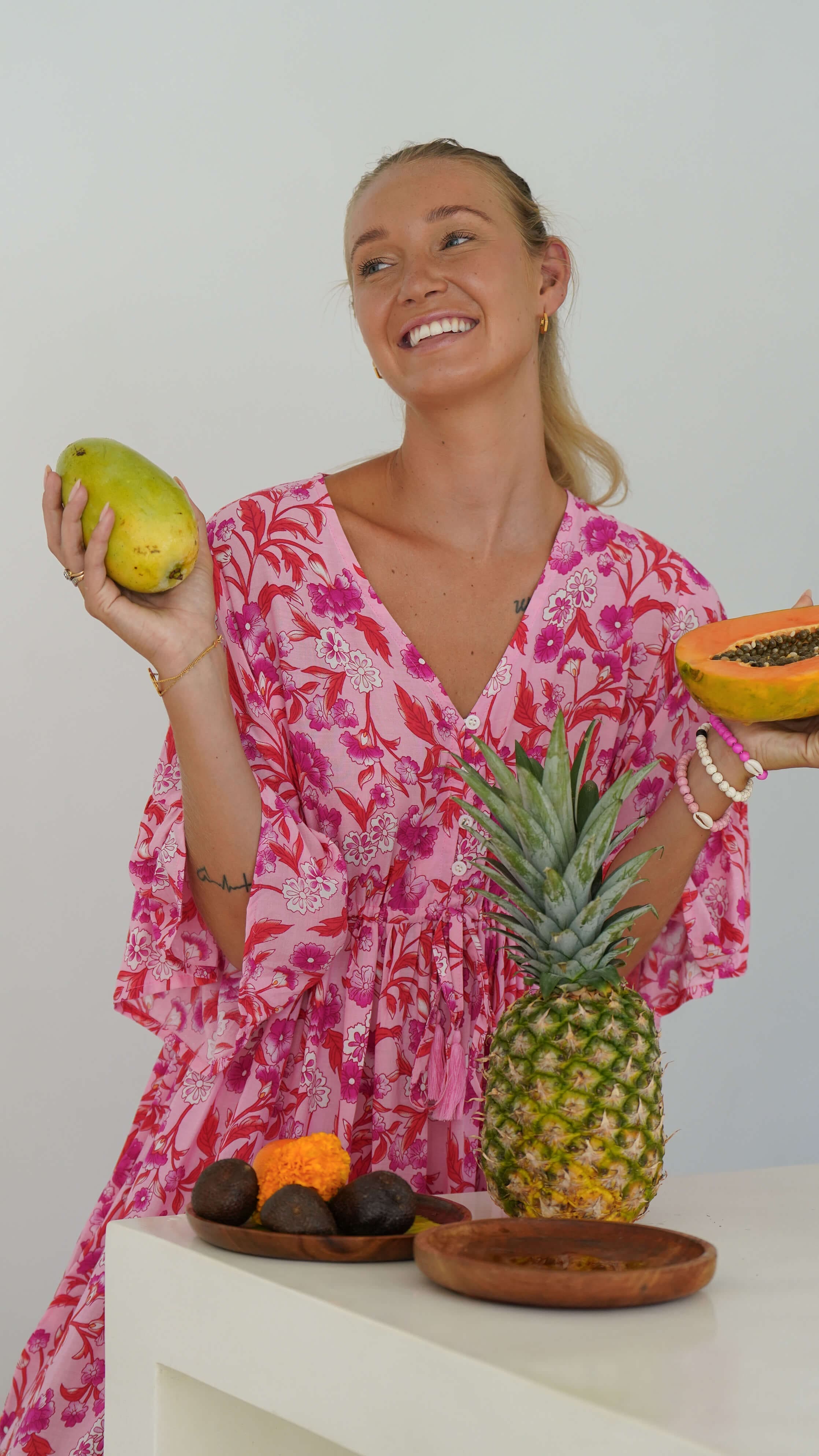 Rosa og orange luftig sommerkjole med lommer - Georgine maxikjole