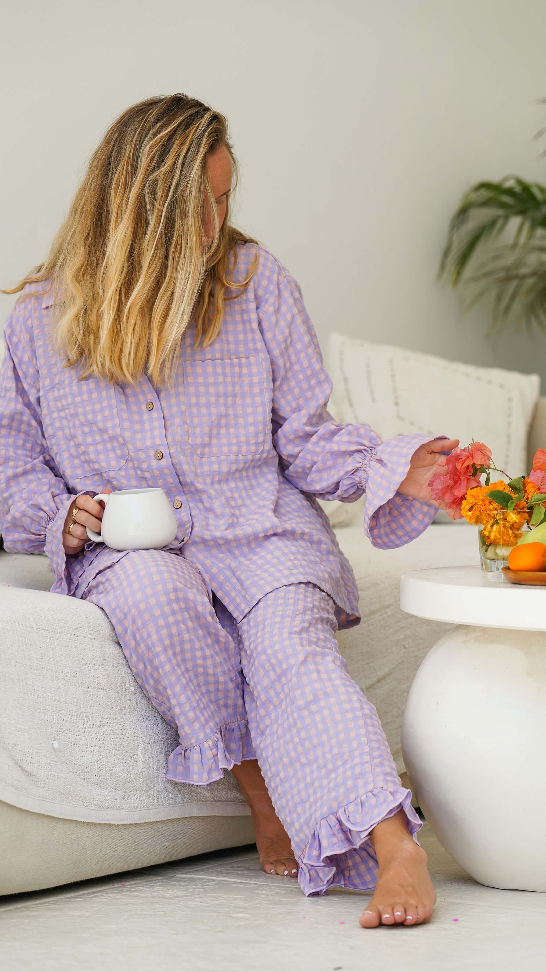 Rosa og lilla rutete bukse