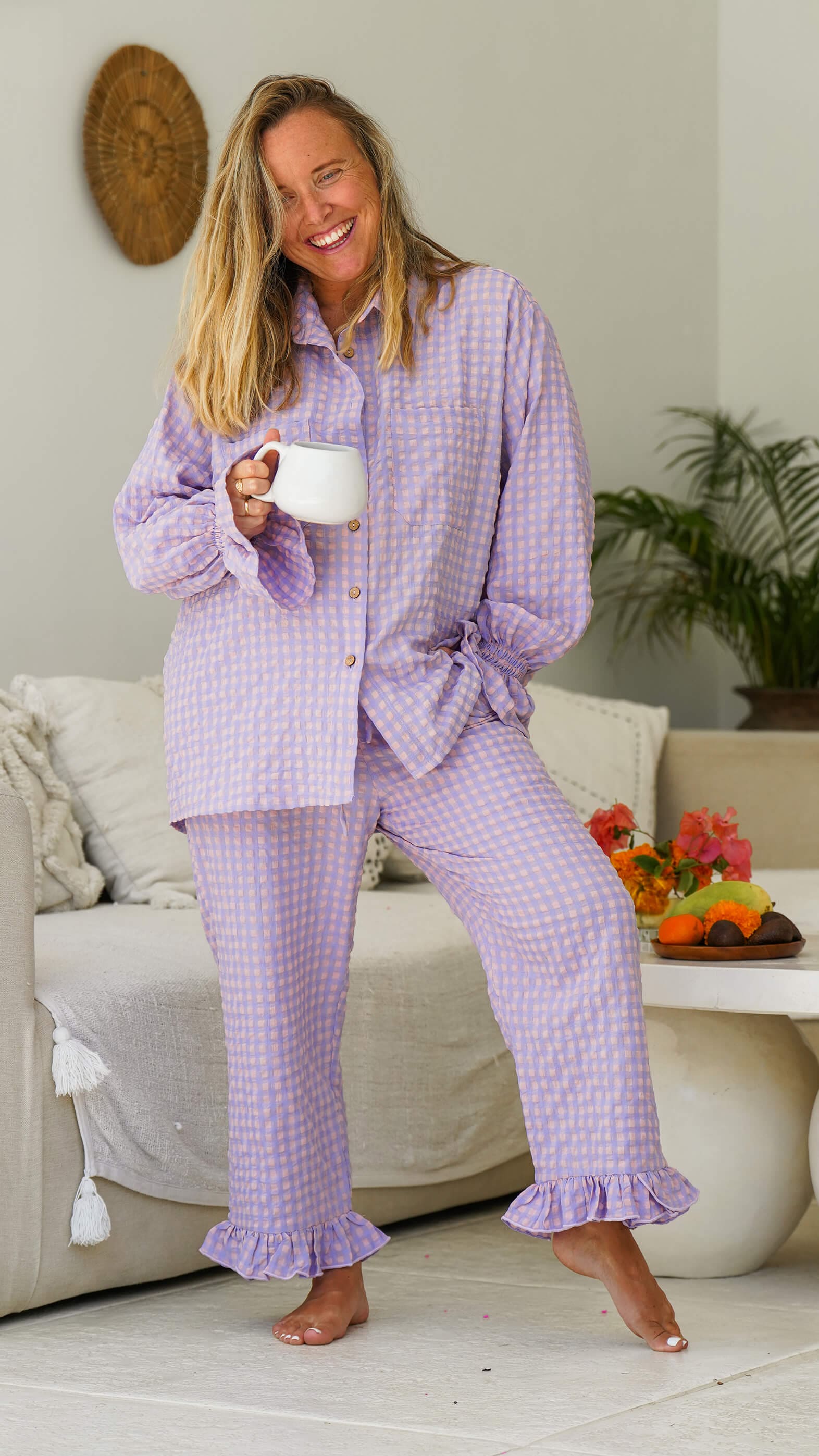 Rosa og lilla rutete bukse