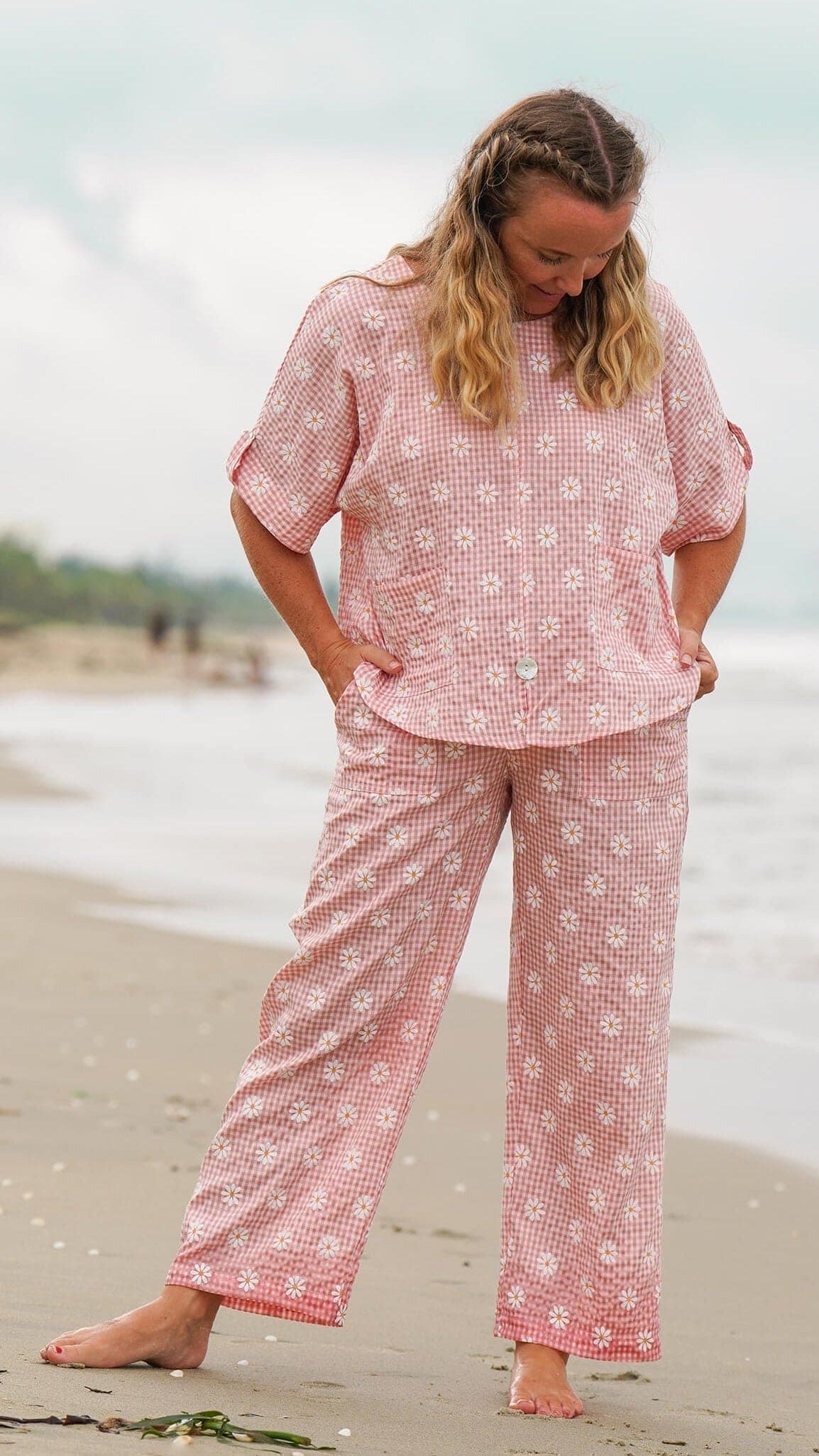 Rutete rosa og hvit topp