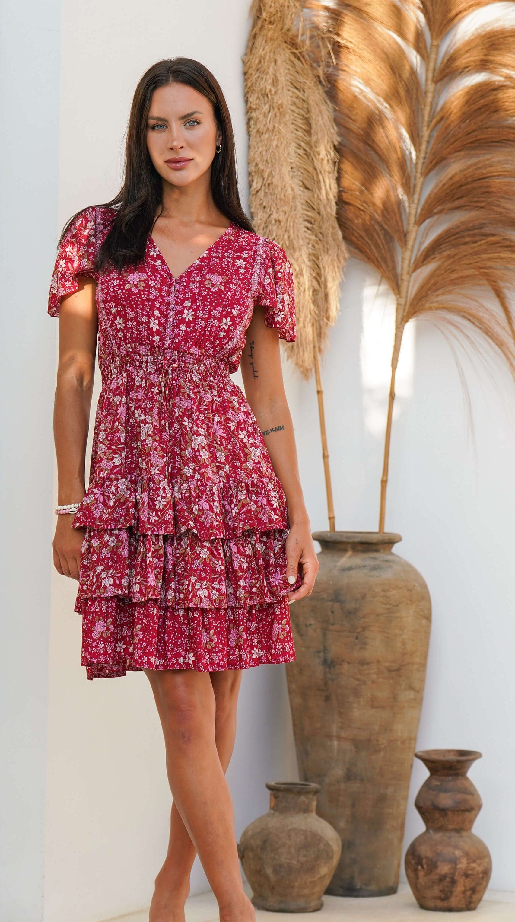 Vinrød sommerkjole med korte ermer - Begonia kort kjole