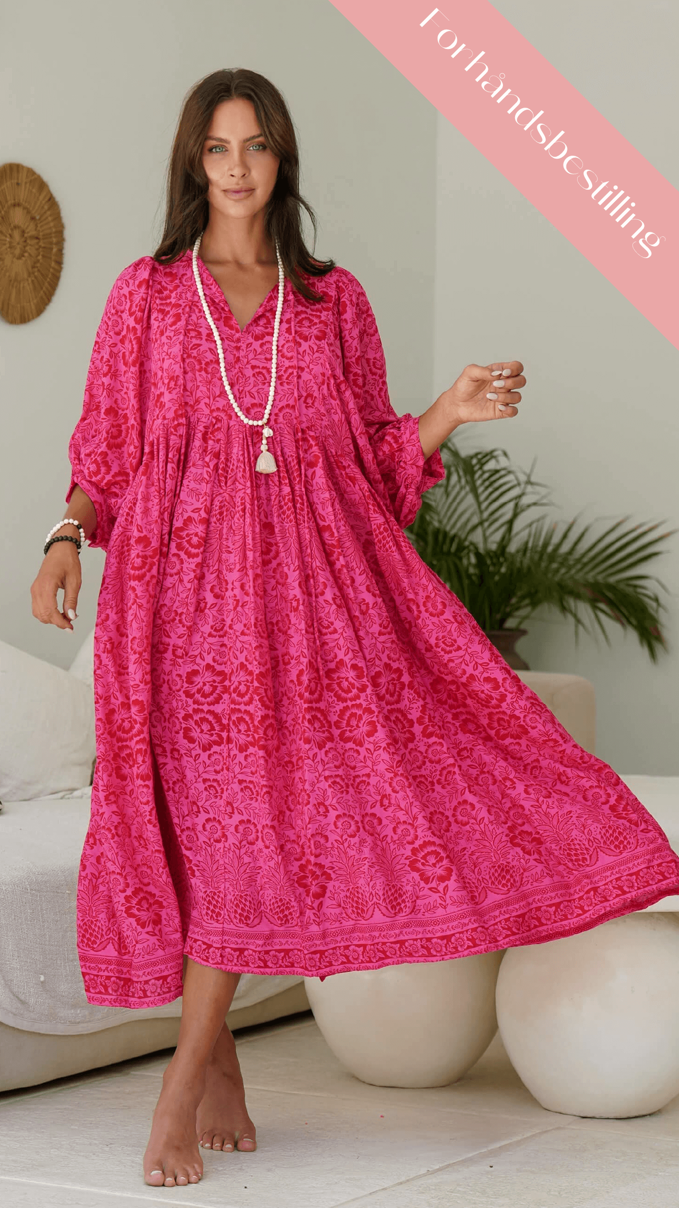 Klar rosa bohemsk midikjole med lommer - Stokkrose kjole