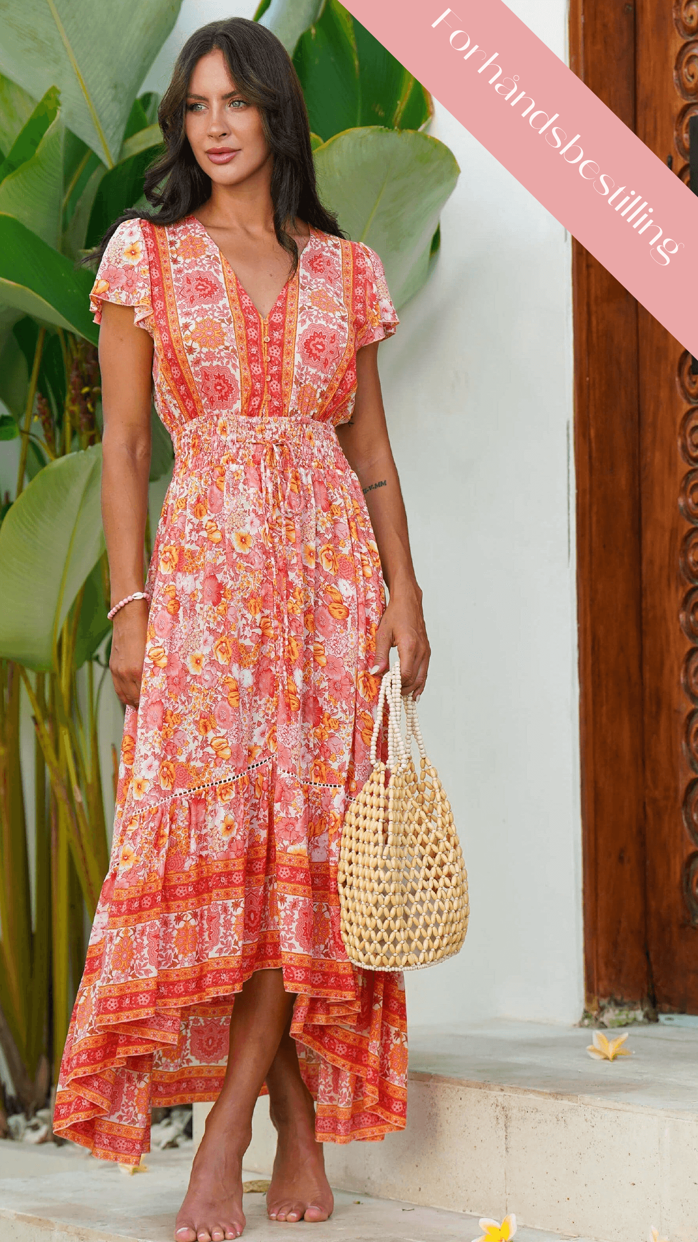 Orange sommerkjole med knapper og korte ermer - Begonia kjole