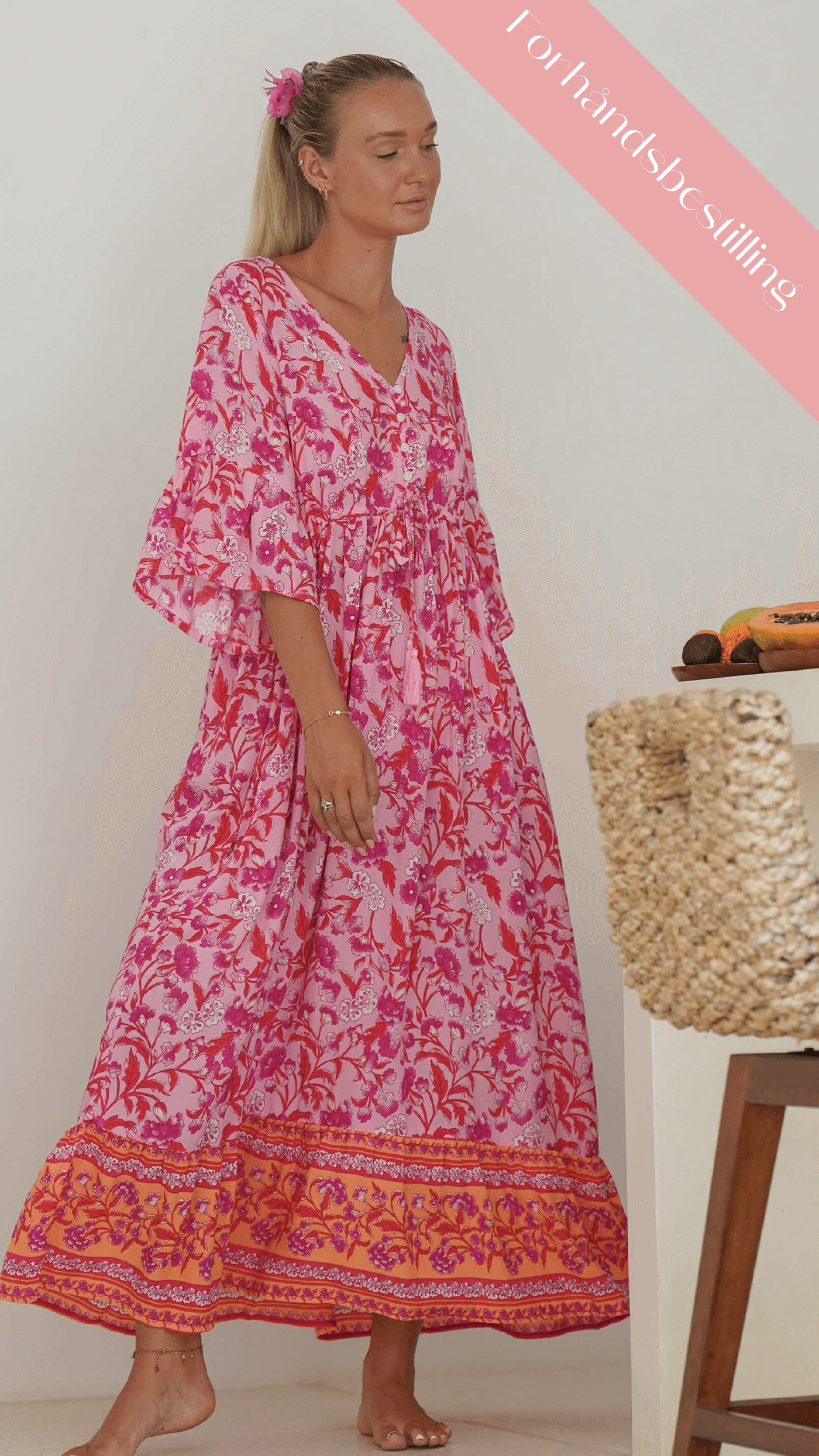 Rosa og orange luftig sommerkjole med lommer - Georgine maxikjole