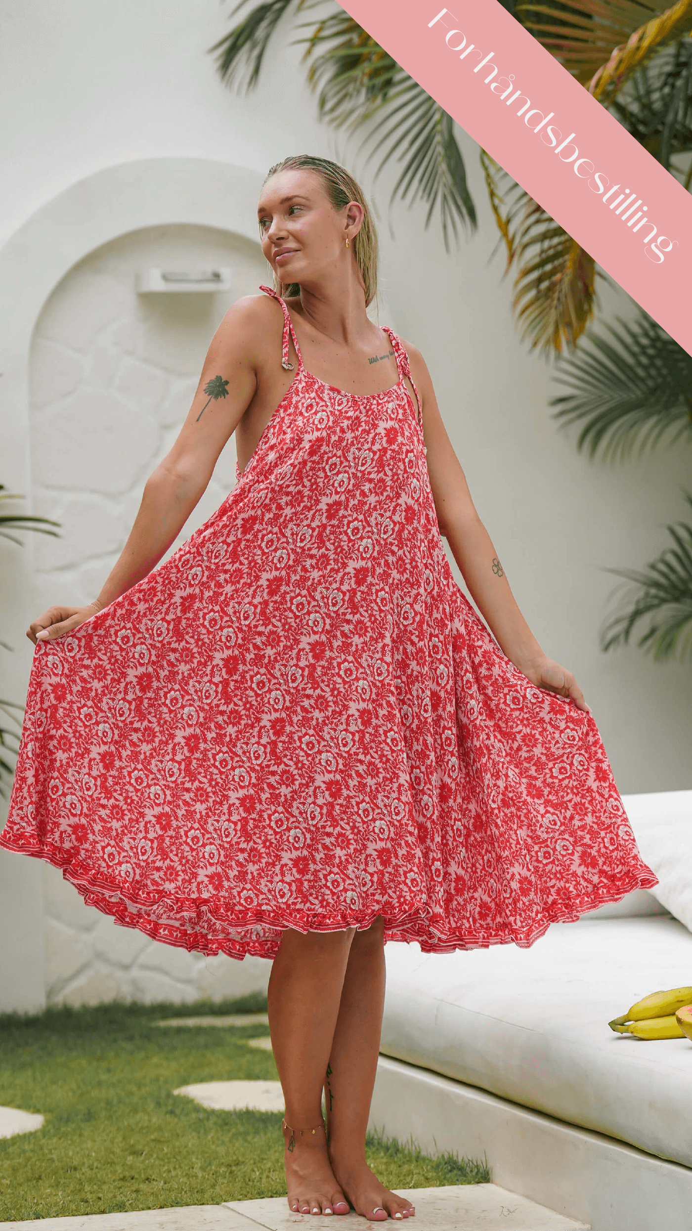 Rød og rosa stroppekjole med lommer - Ranunkel sommerkjole