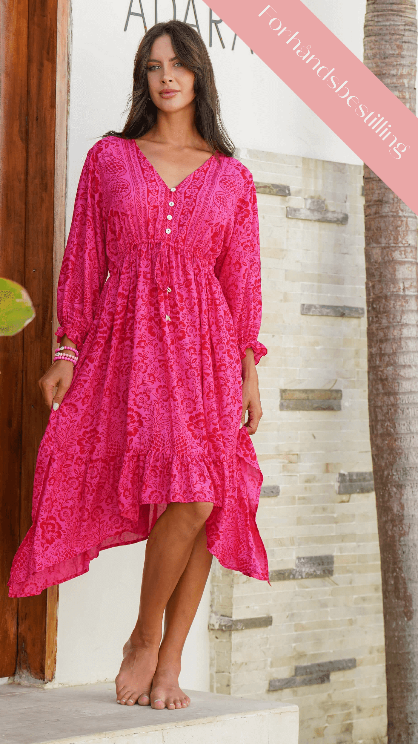 Rosa sommerkjole med knyting i livet - Georgine midikjole