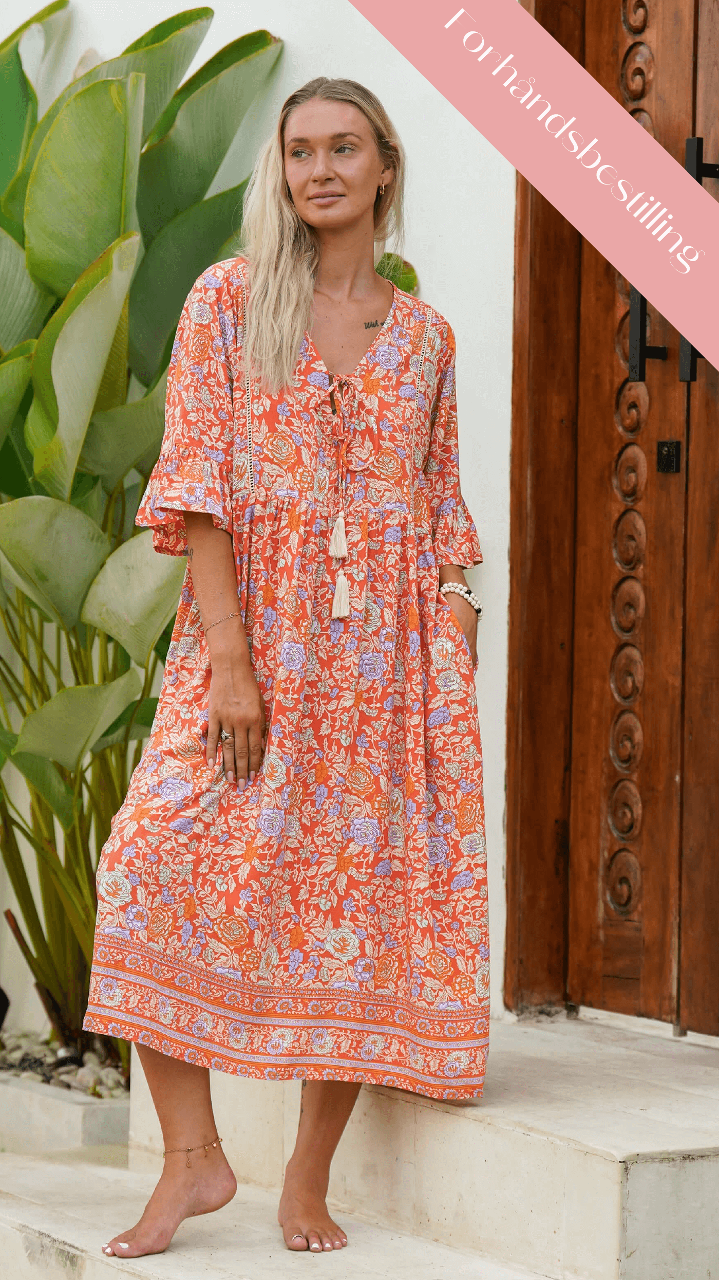 Rød orange bohemsk sommerkjole med lommer - Malva kjole