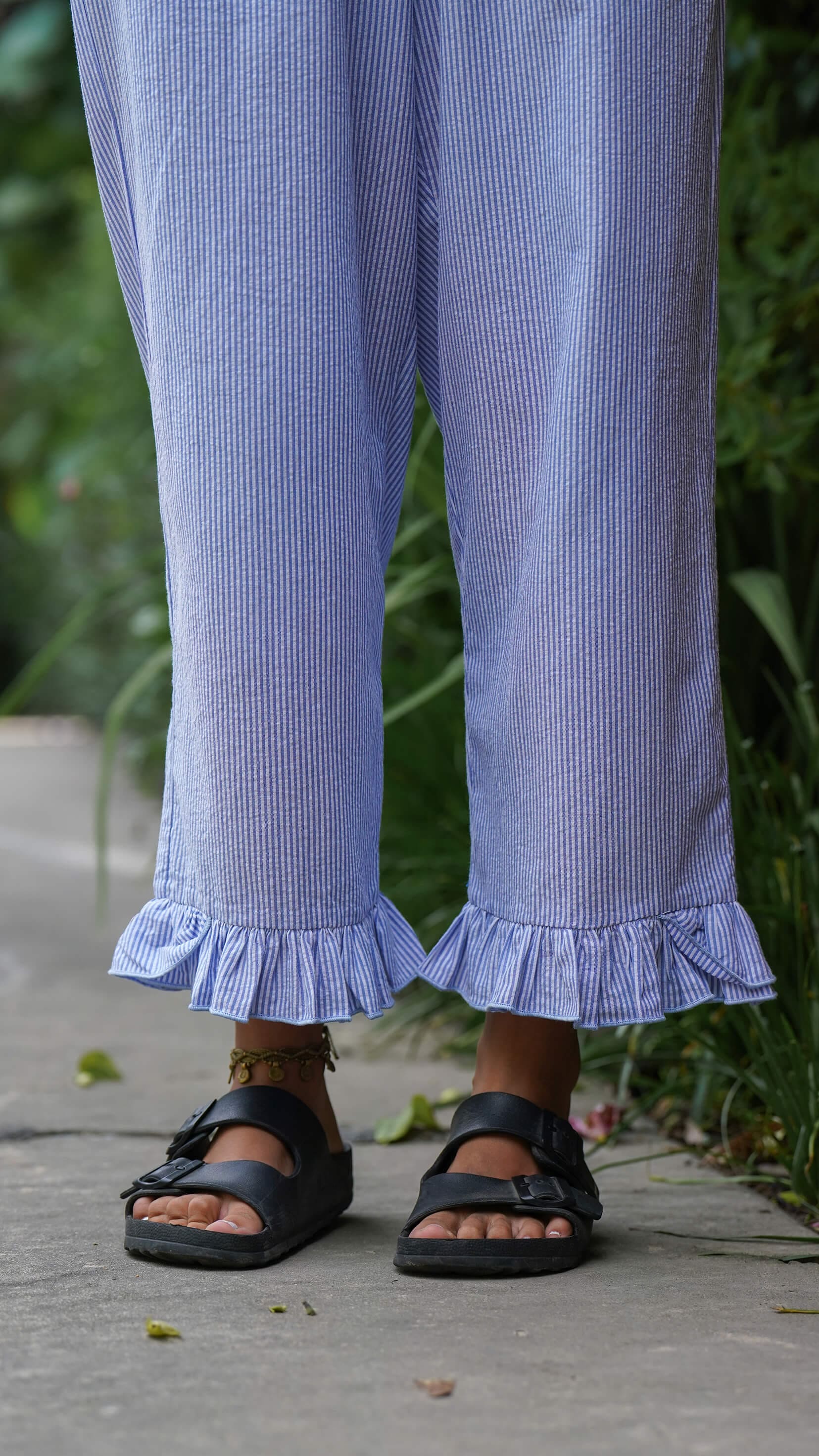 Blå hvit stripete behagelig linbukse