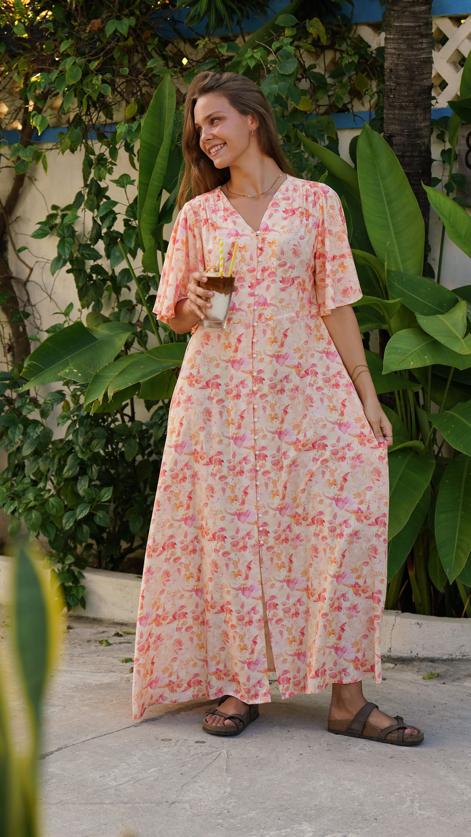 rosa og orange lang enkel kjole