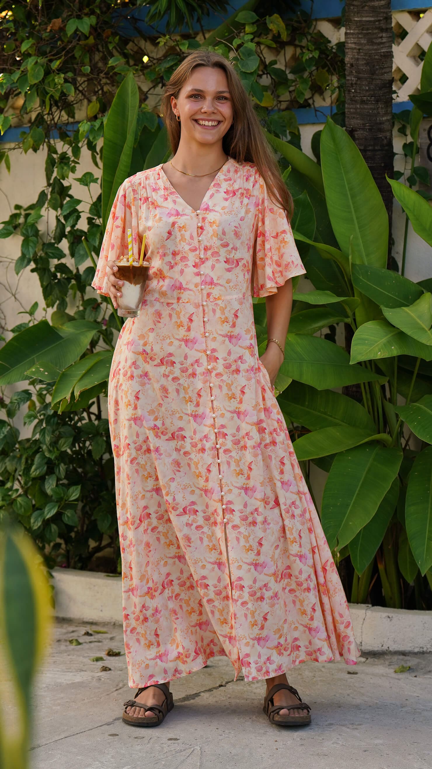 rosa og orange lang enkel kjole