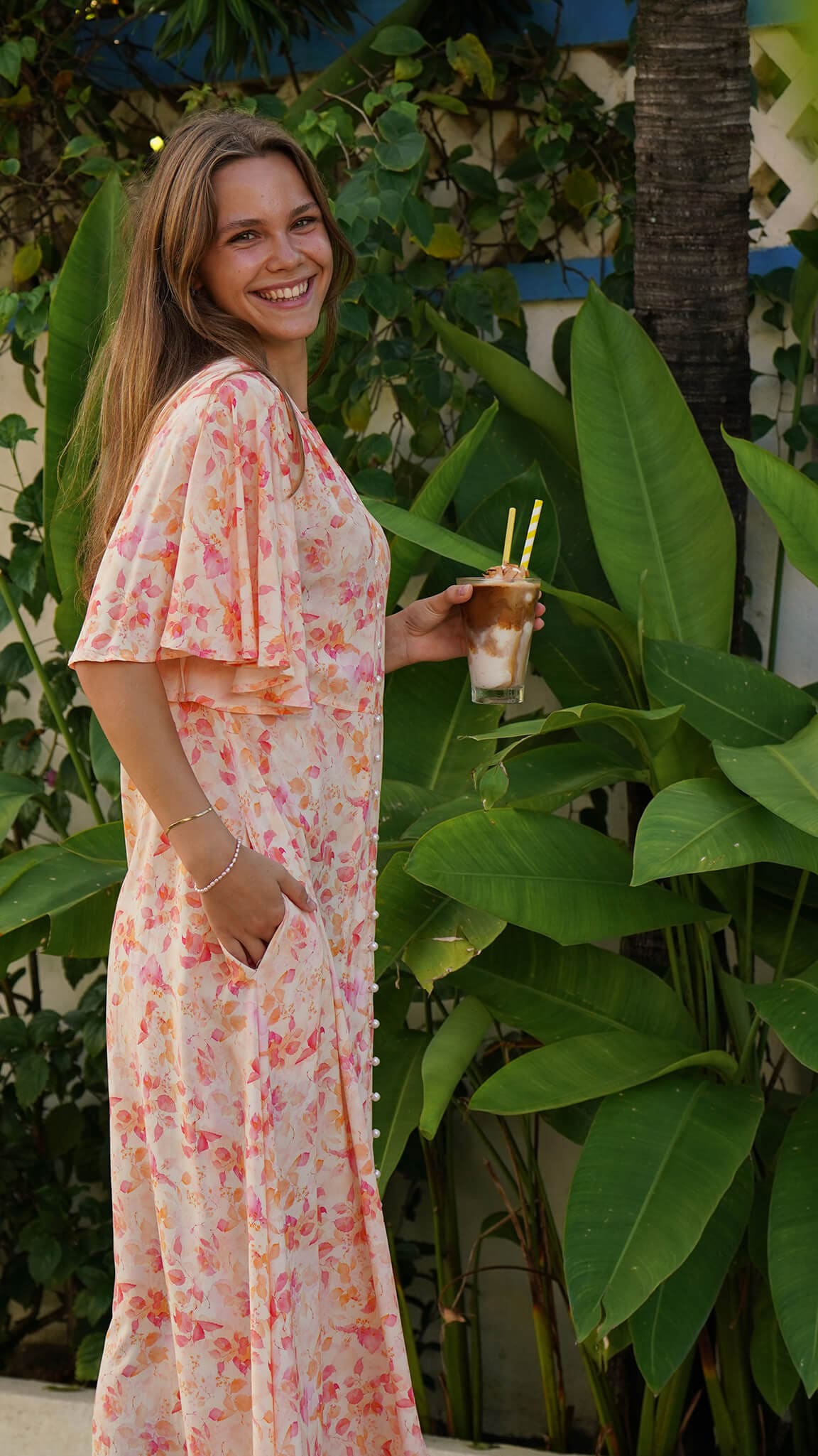 rosa og orange lang enkel kjole