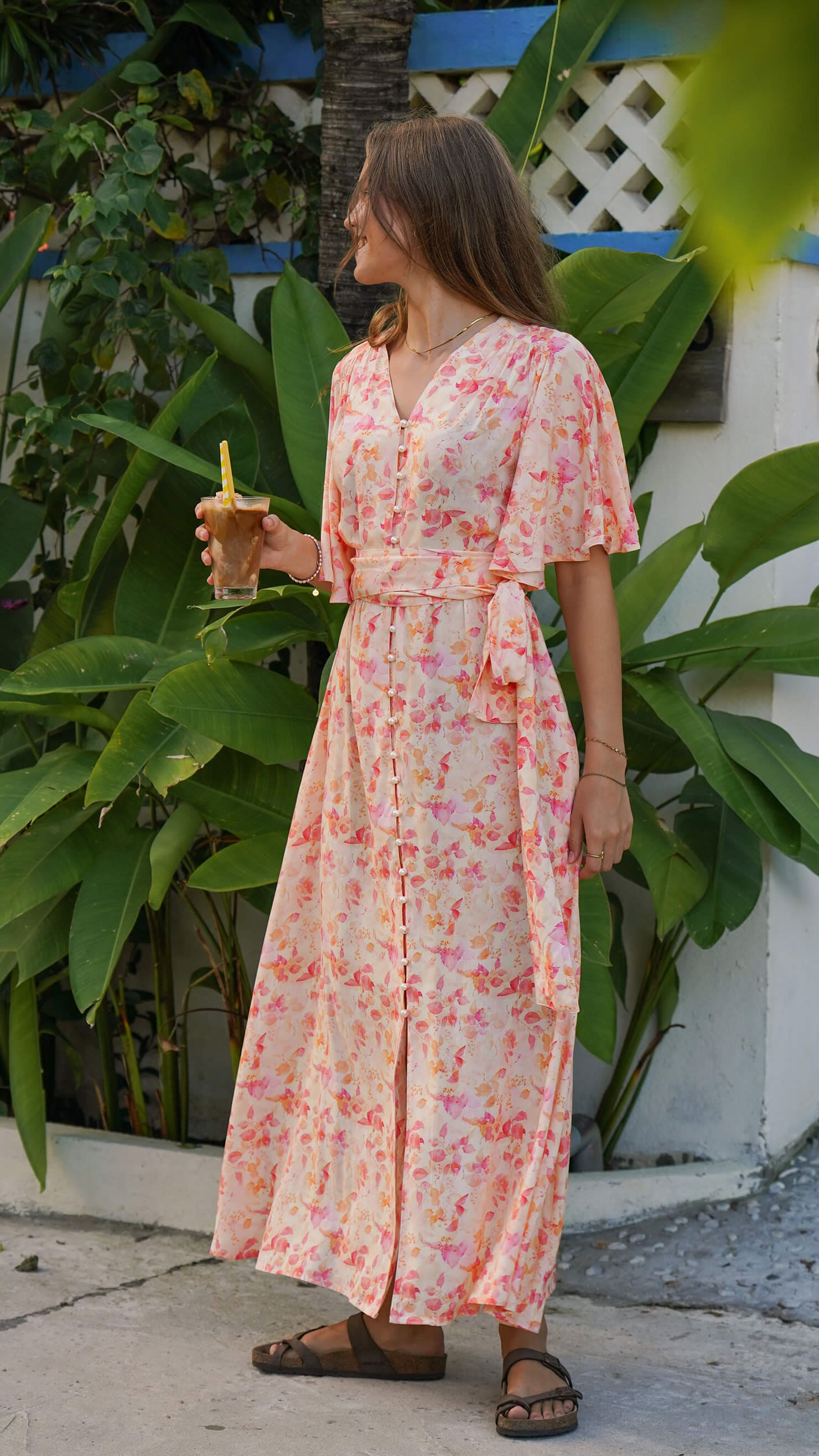 rosa og orange lang enkel kjole