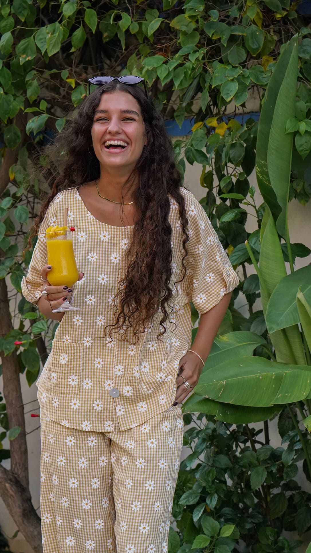 Rutete gul hvit bluse med lommer - Nøkkelblom topp