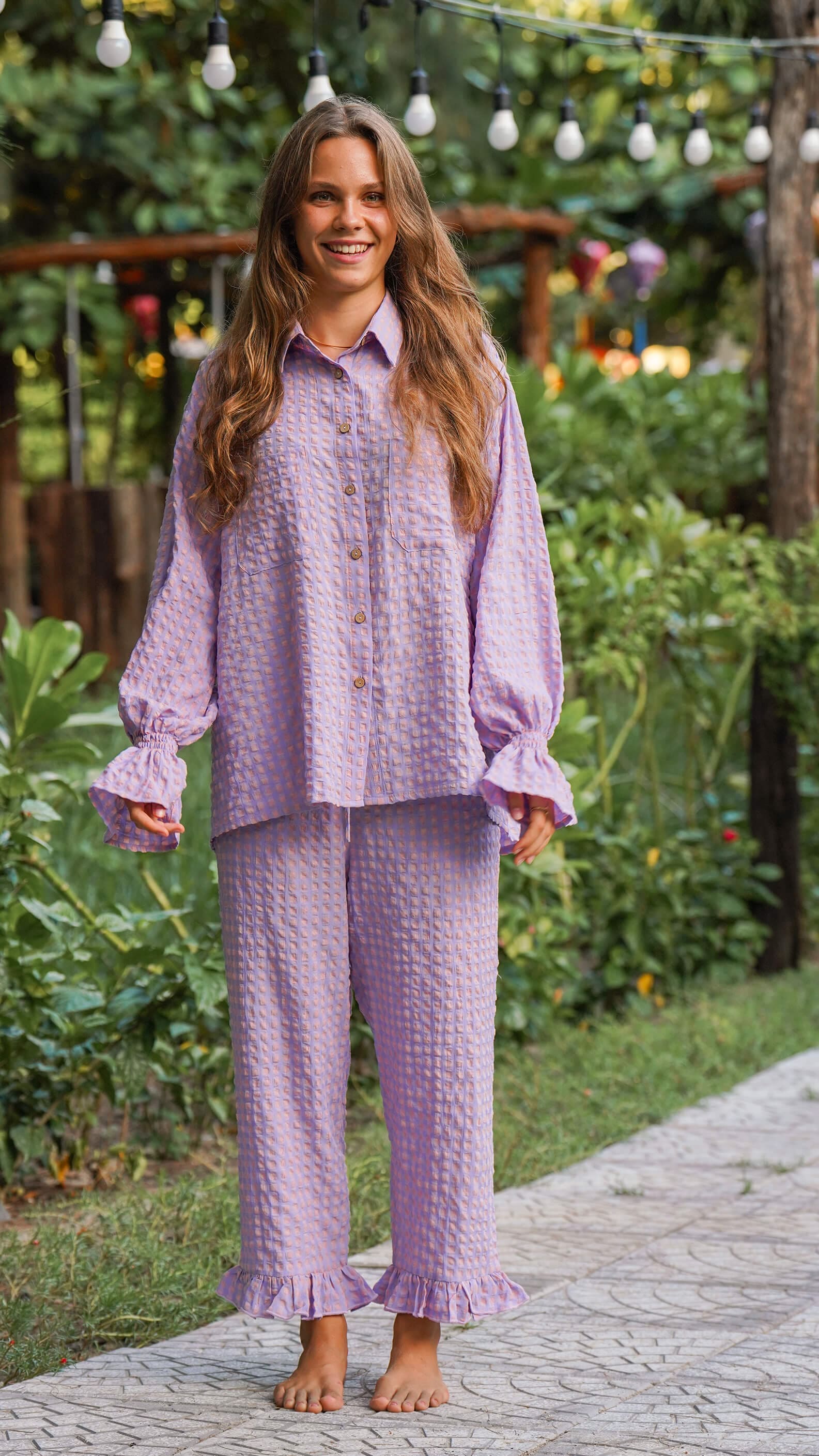 Lilla og rosa rutete skjorte