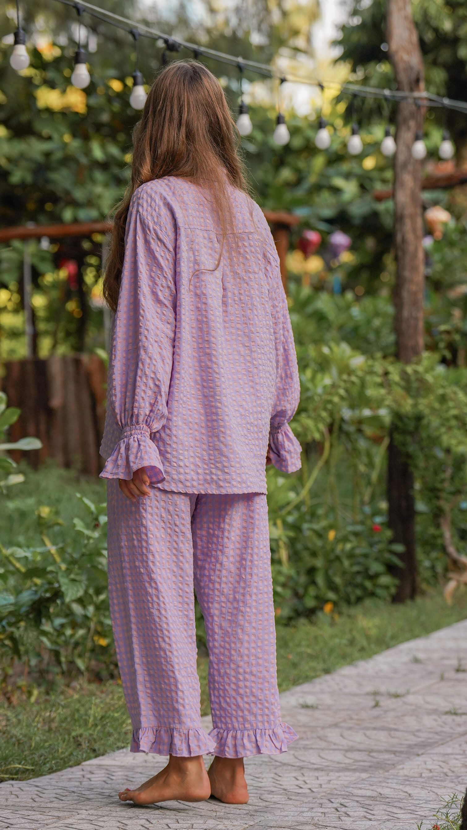 Rosa og lilla rutete bukse