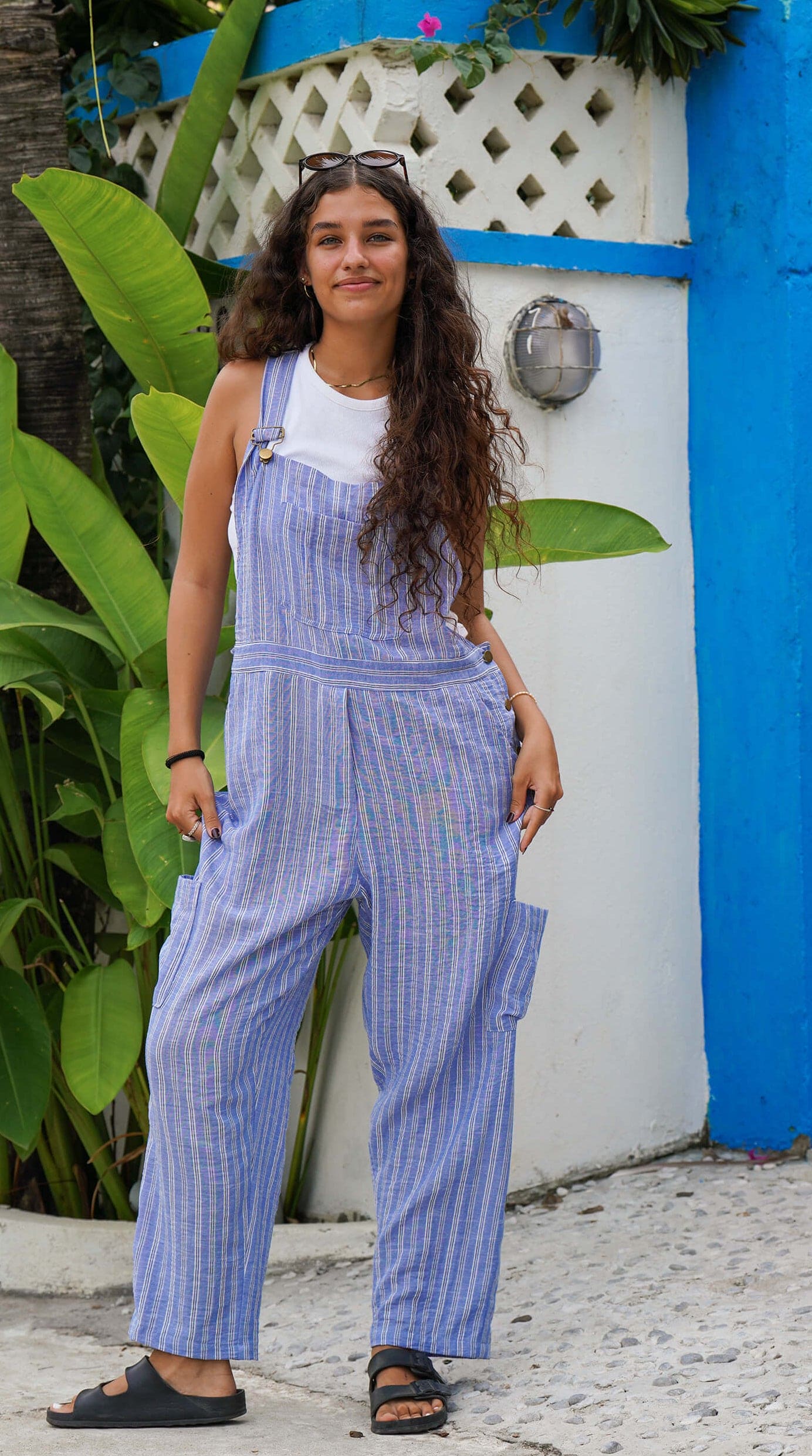 Blå lin selebukse med striper 