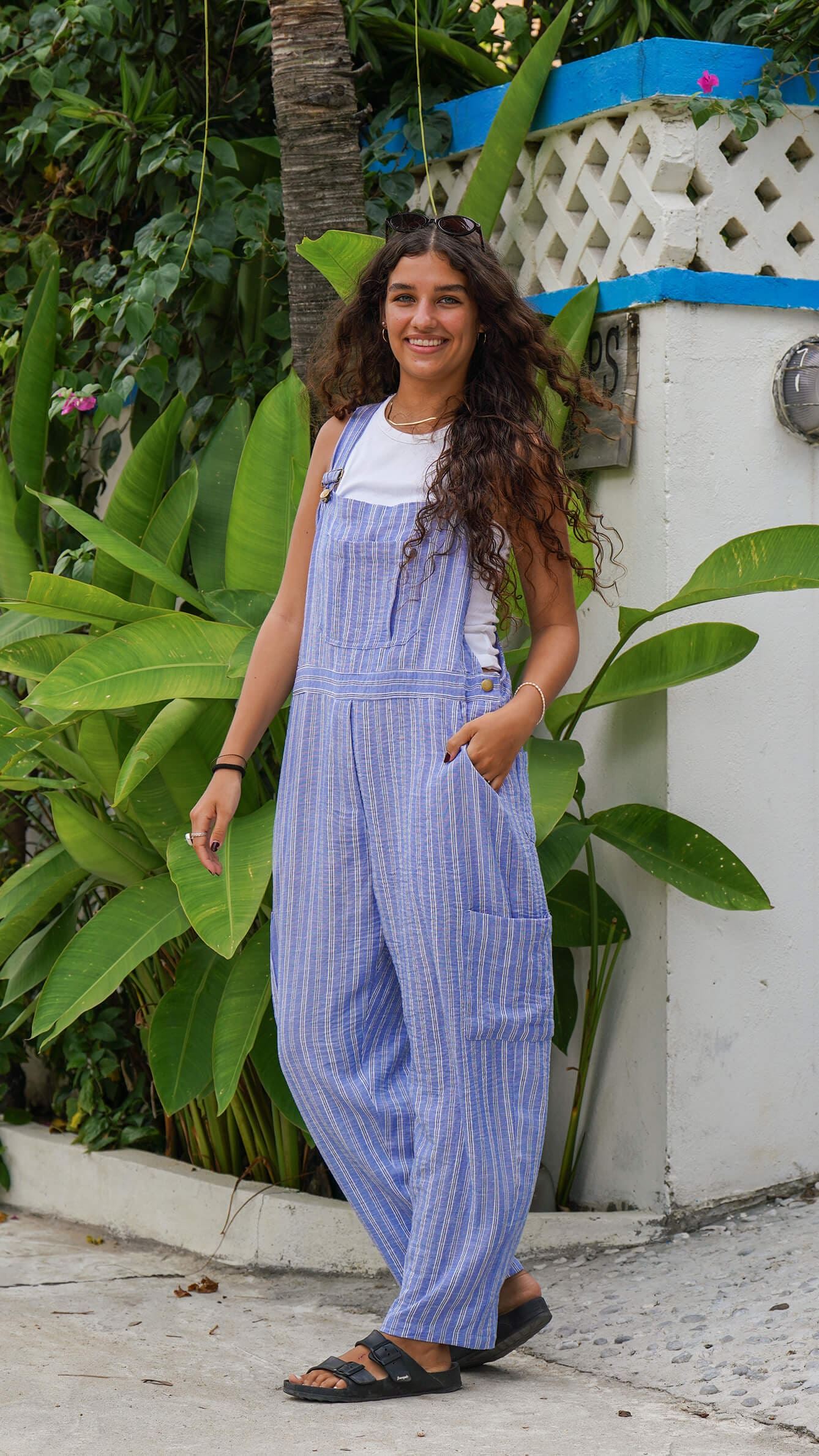 Blå lin selebukse med striper 