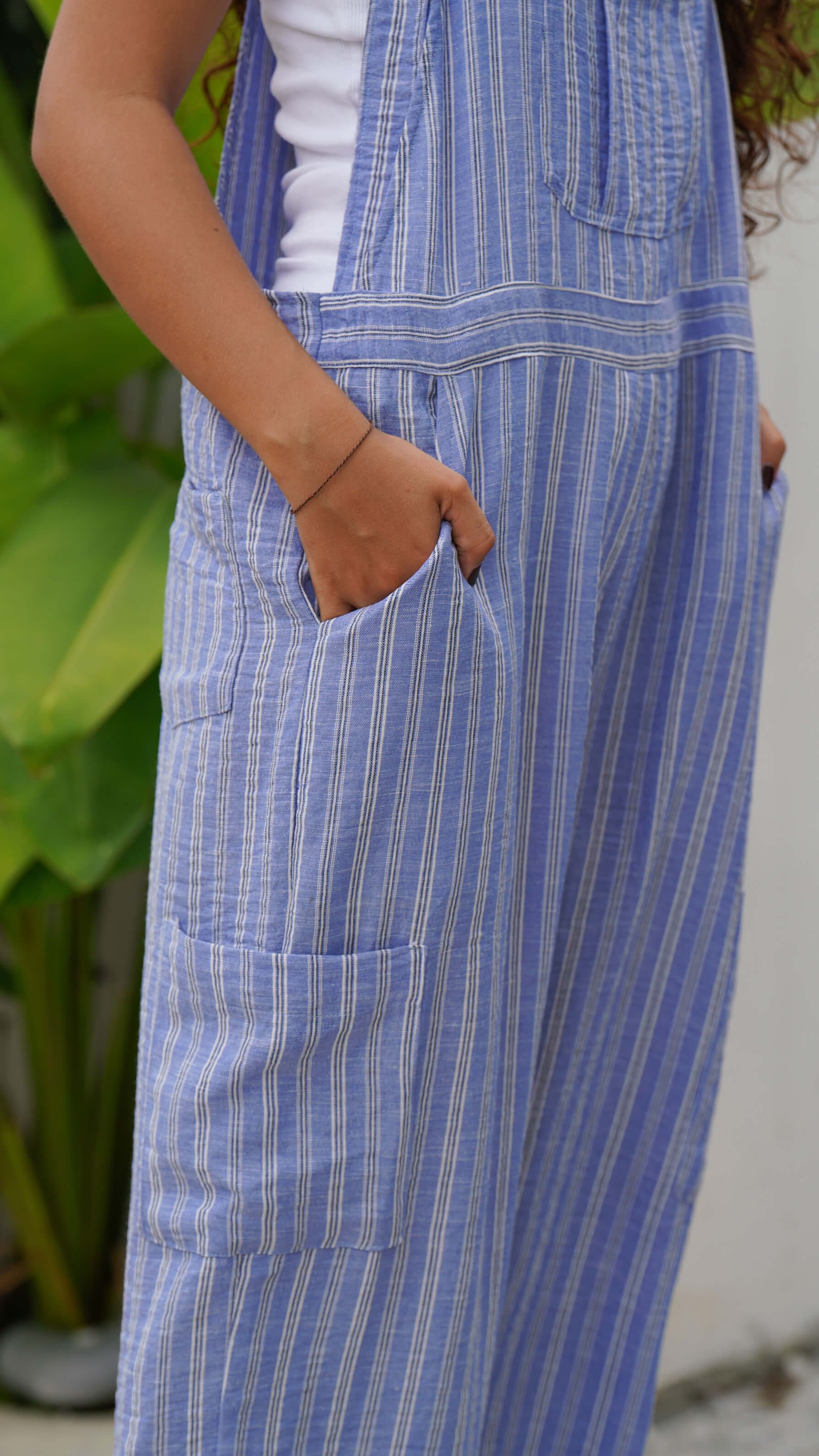 Blå lin selebukse med striper 