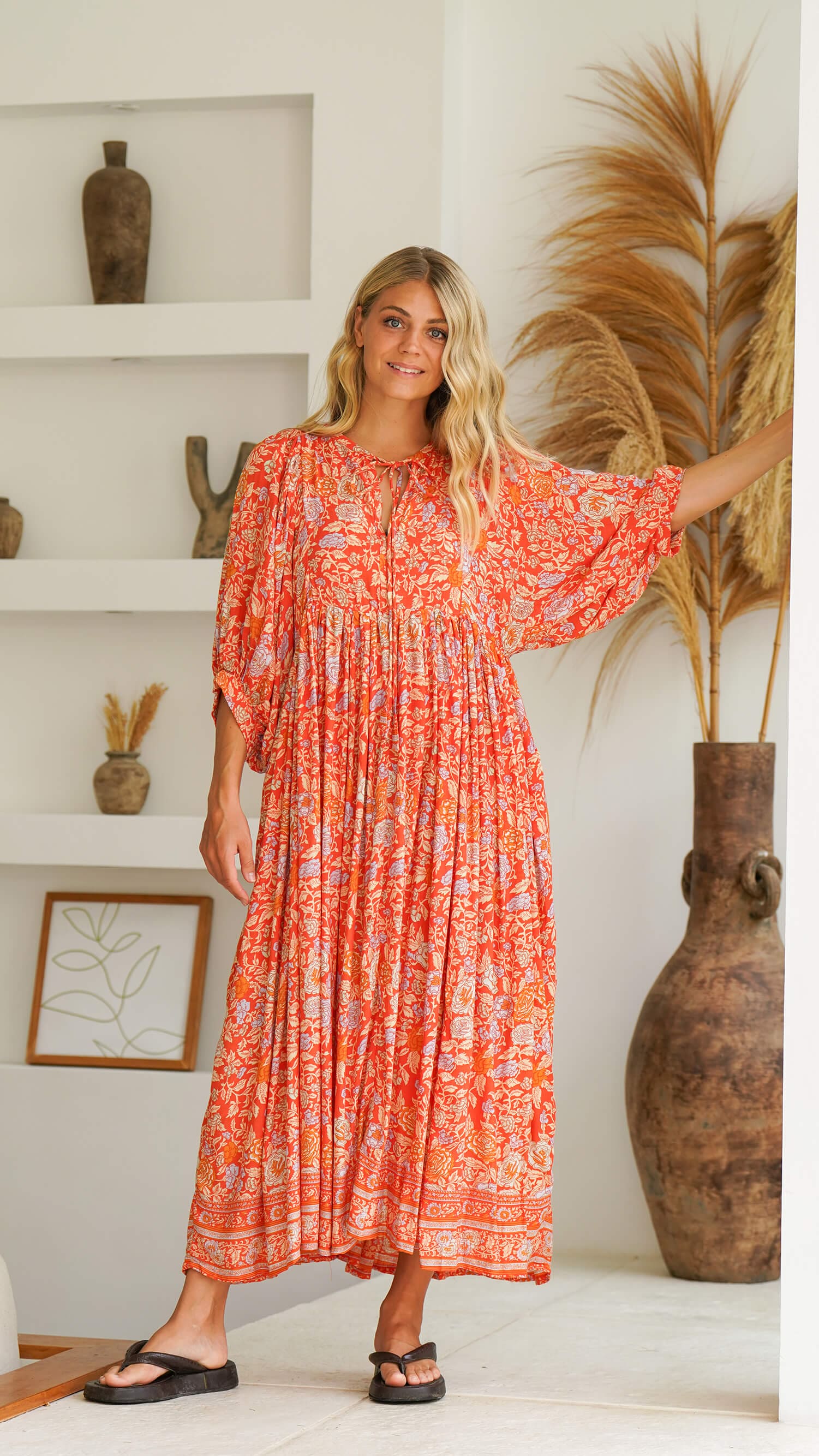 rød orange midikjole
