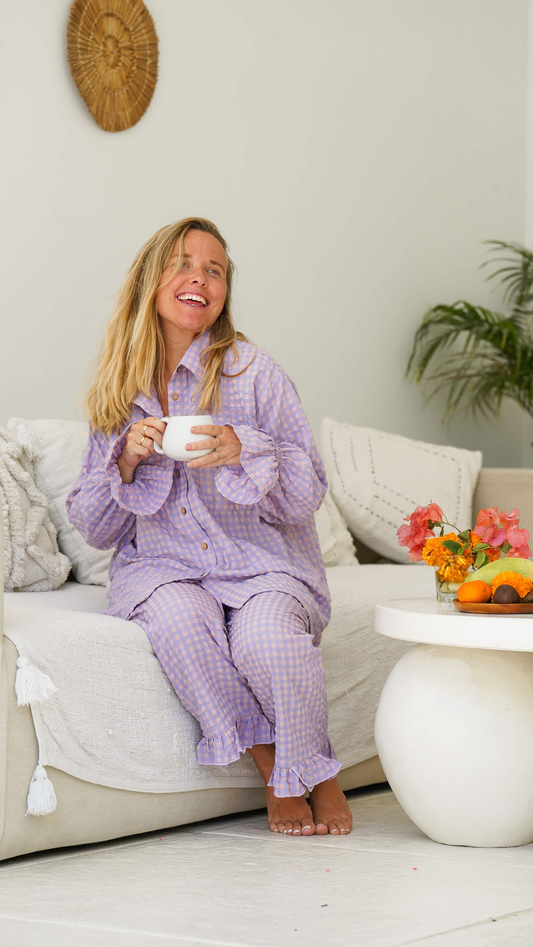 Rosa og lilla rutete bukse