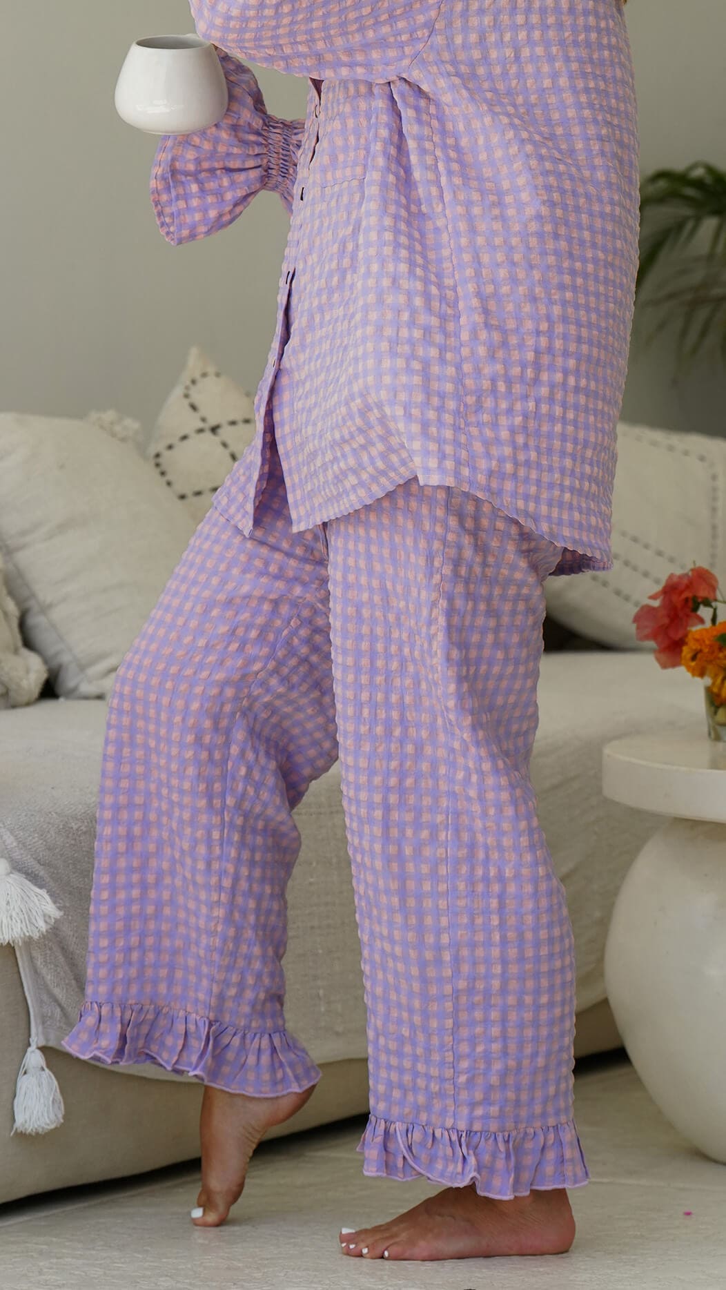 Rosa og lilla rutete bukse